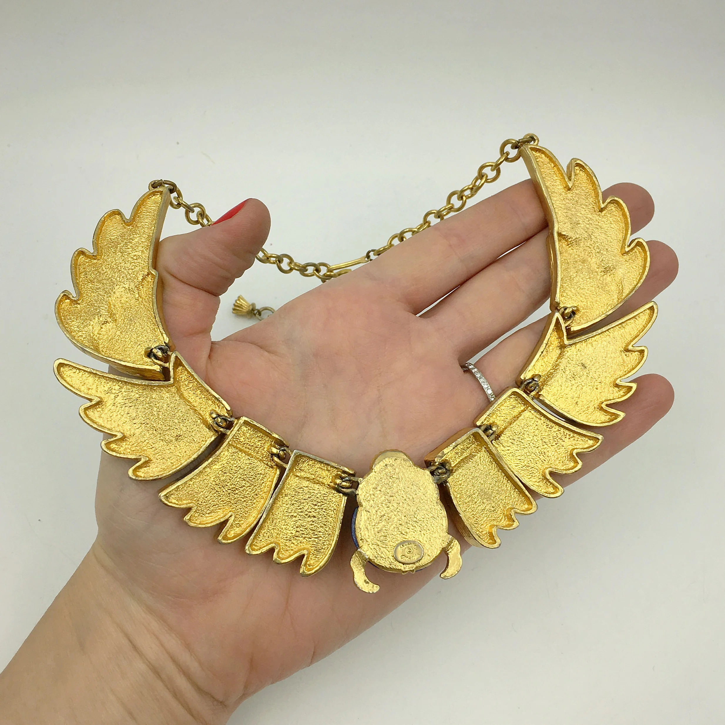 hattie carnegie egyptian revival enamel scarab necklace, reverie vintage jewelry nyc
