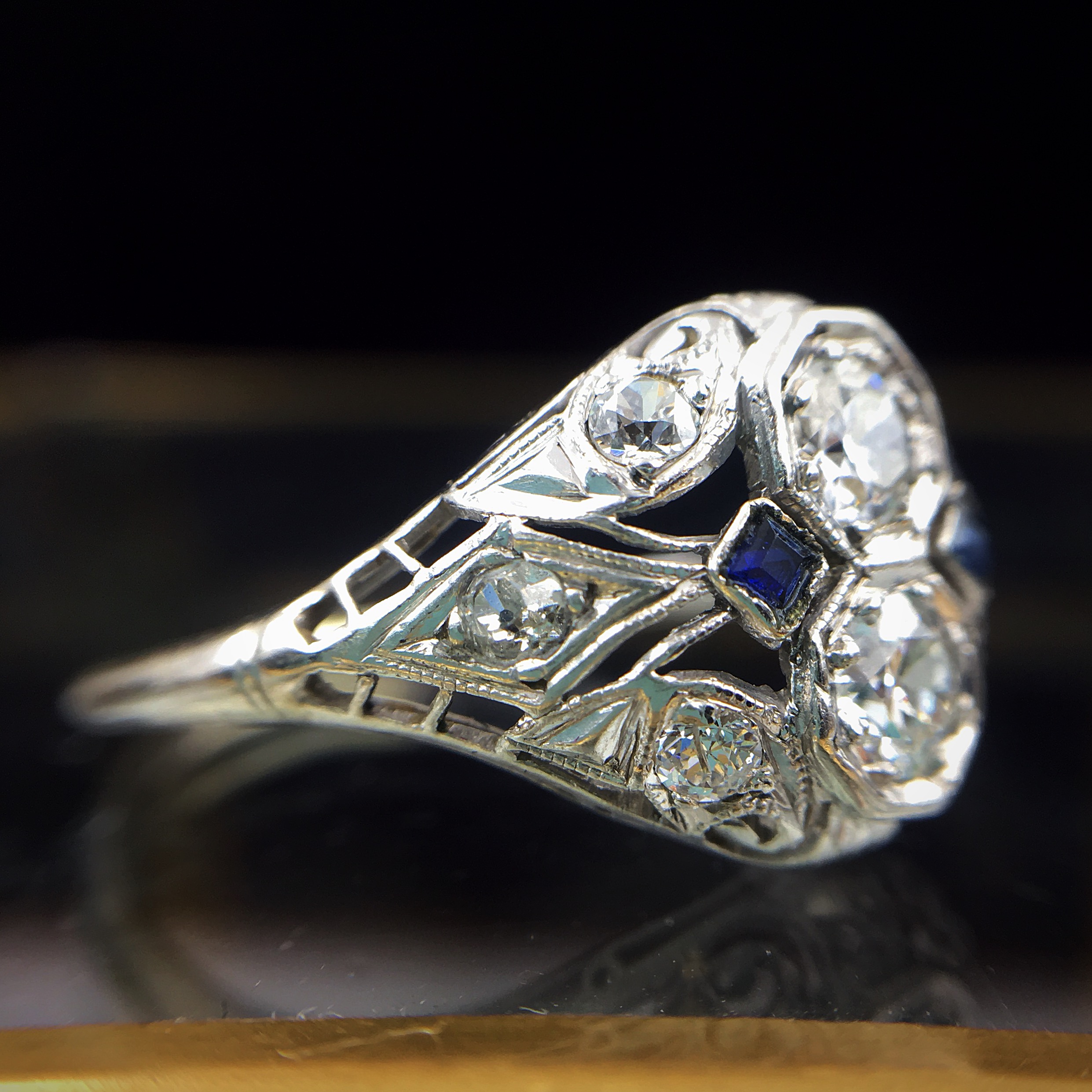 art deco platinum diamond two stone ring Reverie estate jewelry nyc