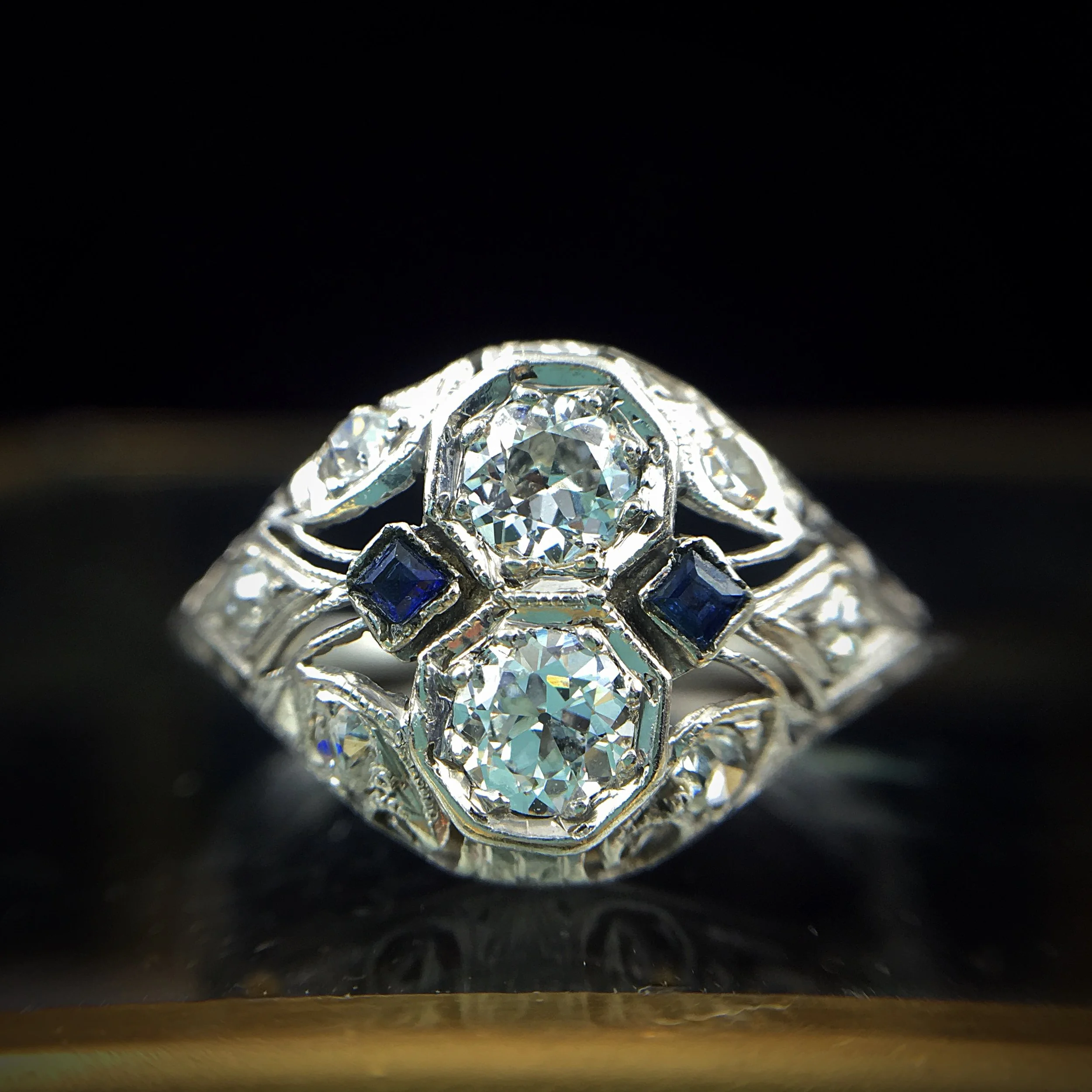 art deco platinum diamond two stone ring Reverie estate jewelry nyc