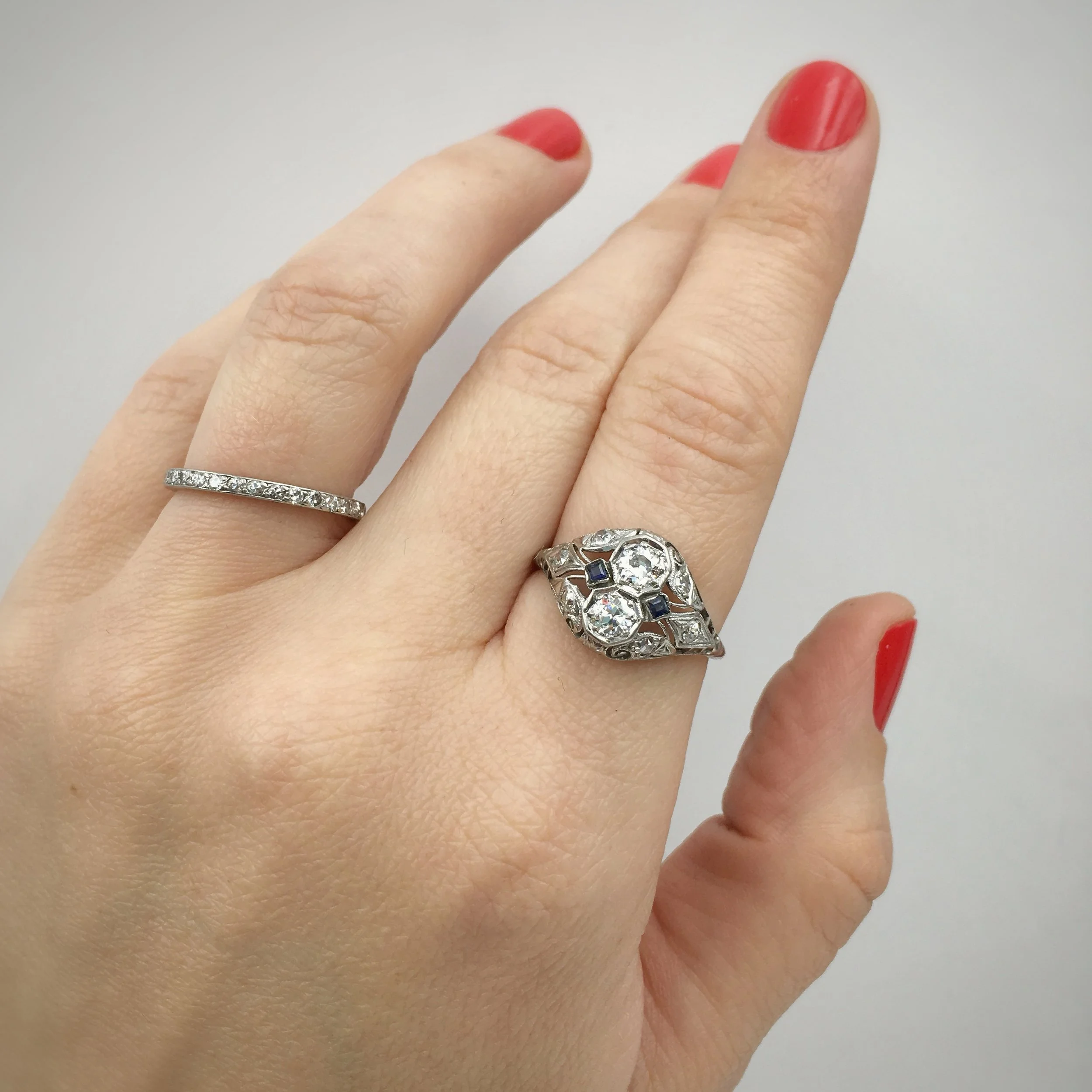 art deco platinum diamond two stone ring Reverie estate jewelry nyc