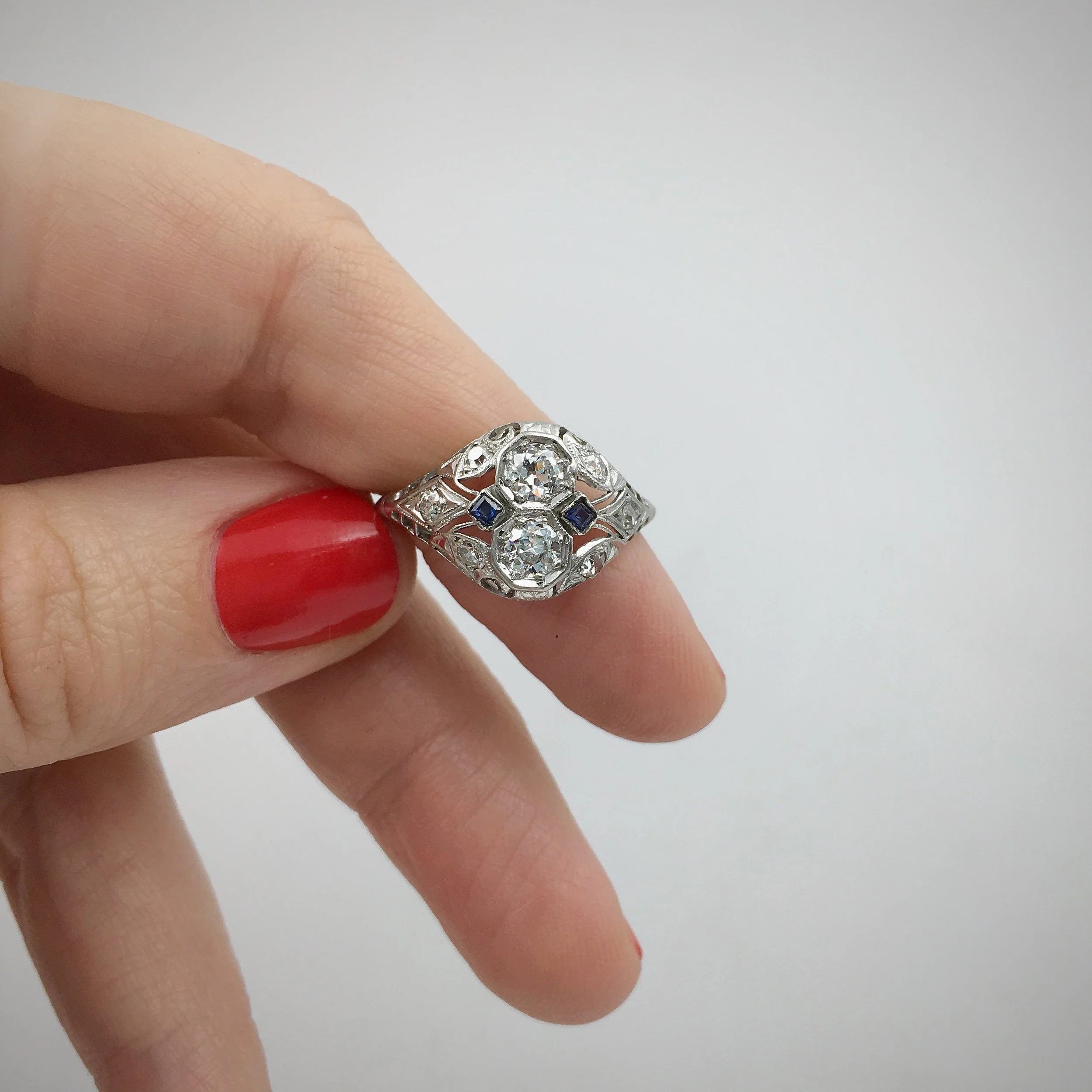 art deco platinum diamond two stone ring Reverie estate jewelry nyc