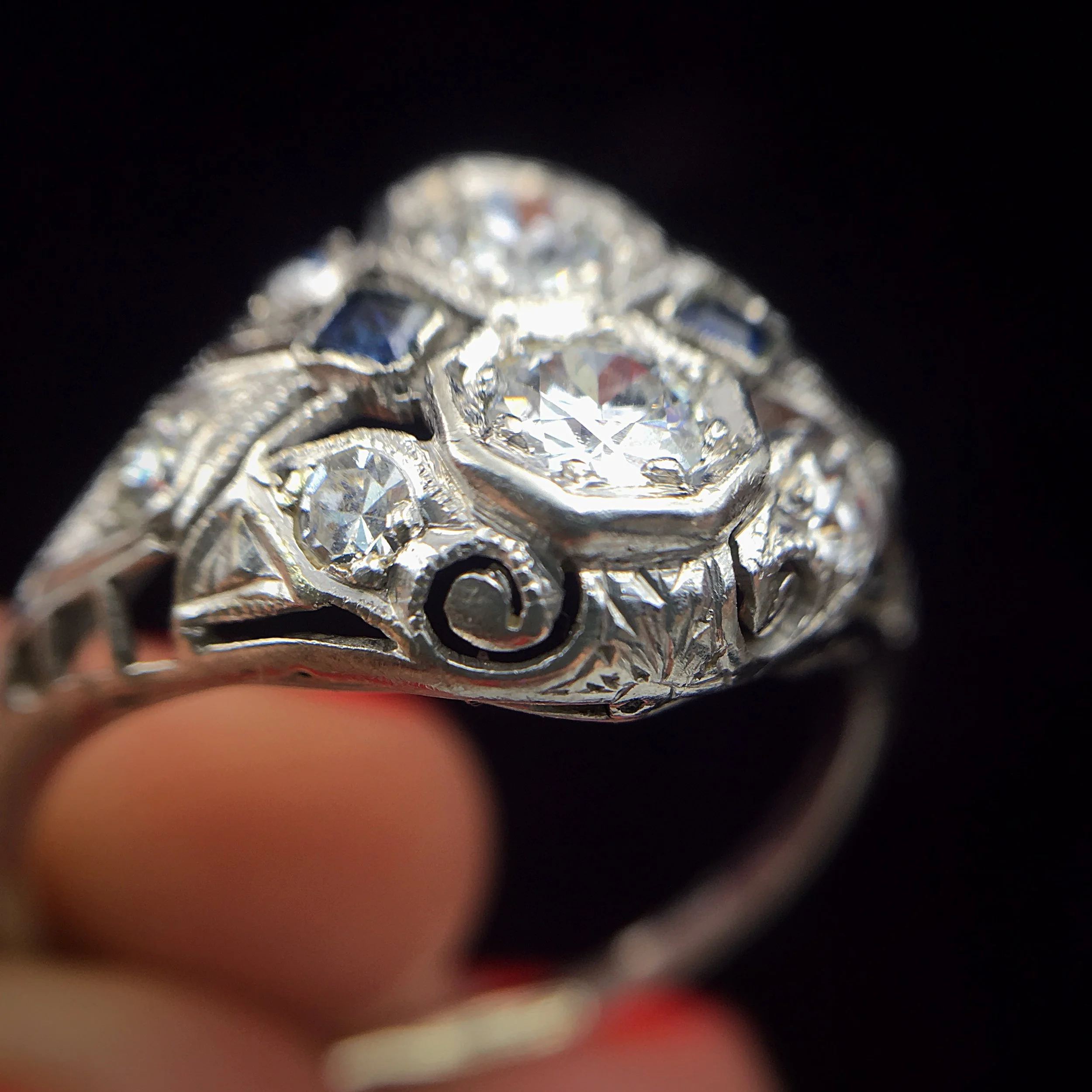 art deco platinum diamond two stone ring Reverie estate jewelry nyc