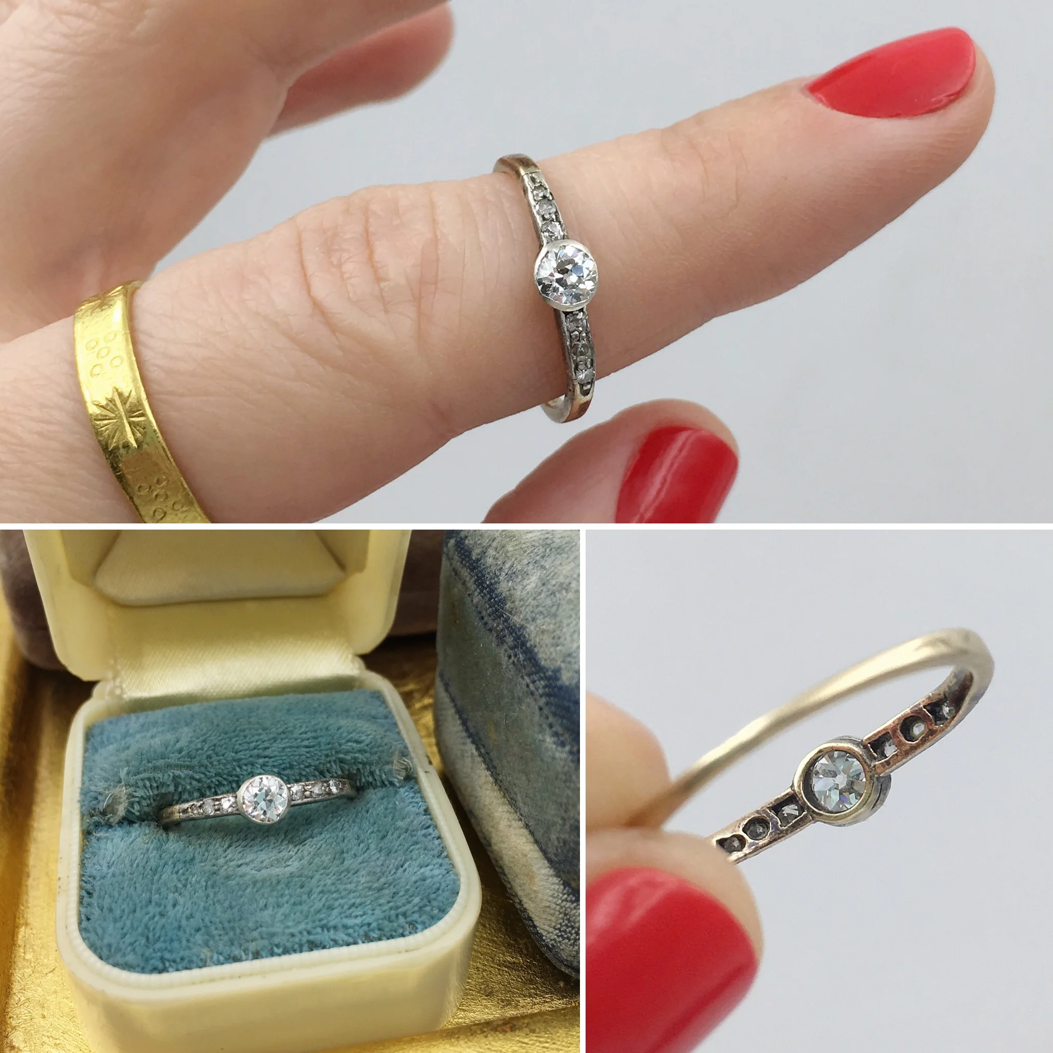 Old mine cut diamond solitaire engagement ring Reverie vintage jewelry NYC