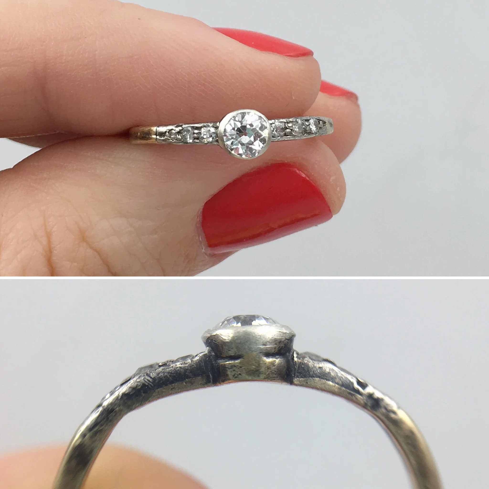 Old mine cut diamond solitaire engagement ring Reverie vintage jewelry NYC