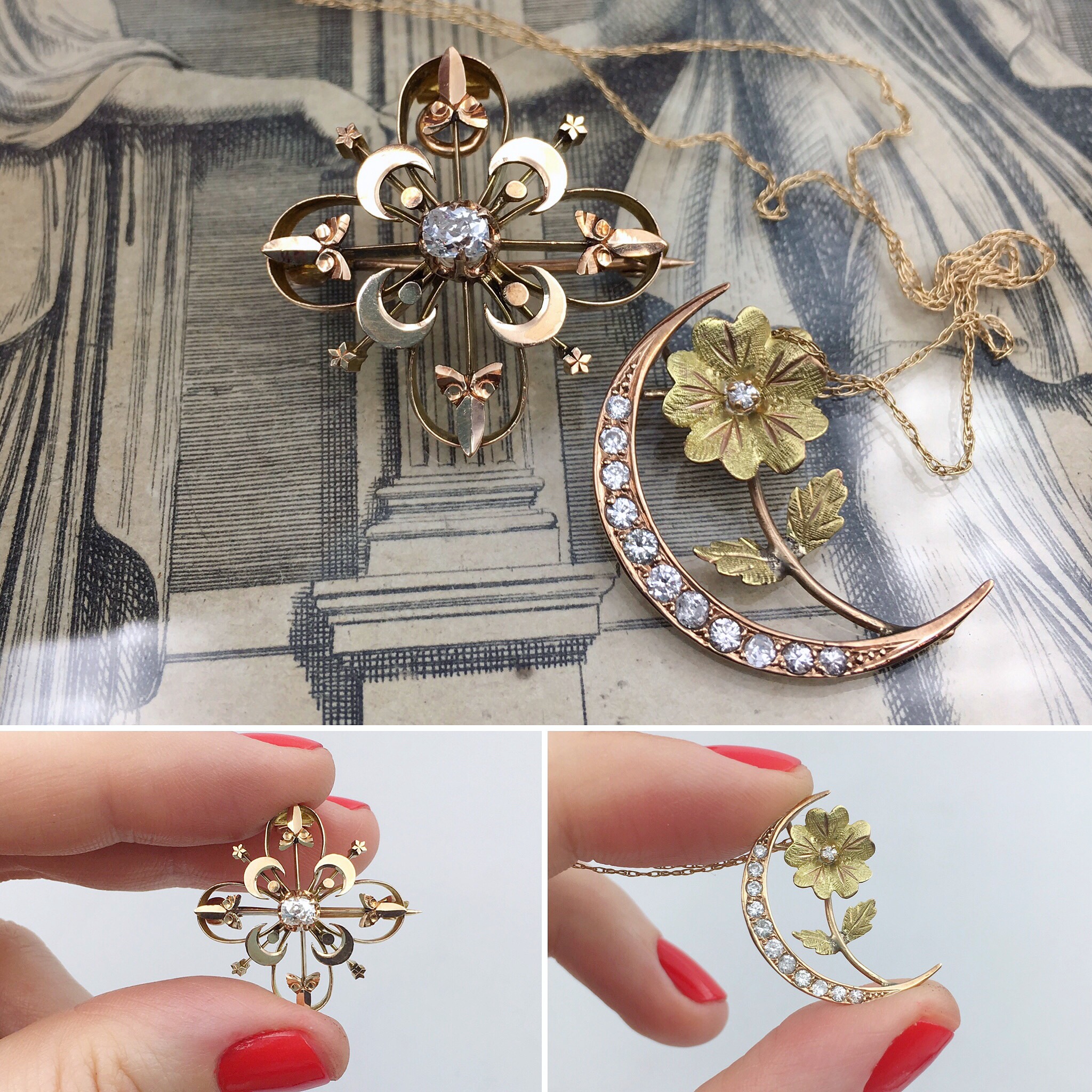 Antique diamond pendants from Reverie estate jewelry NYC