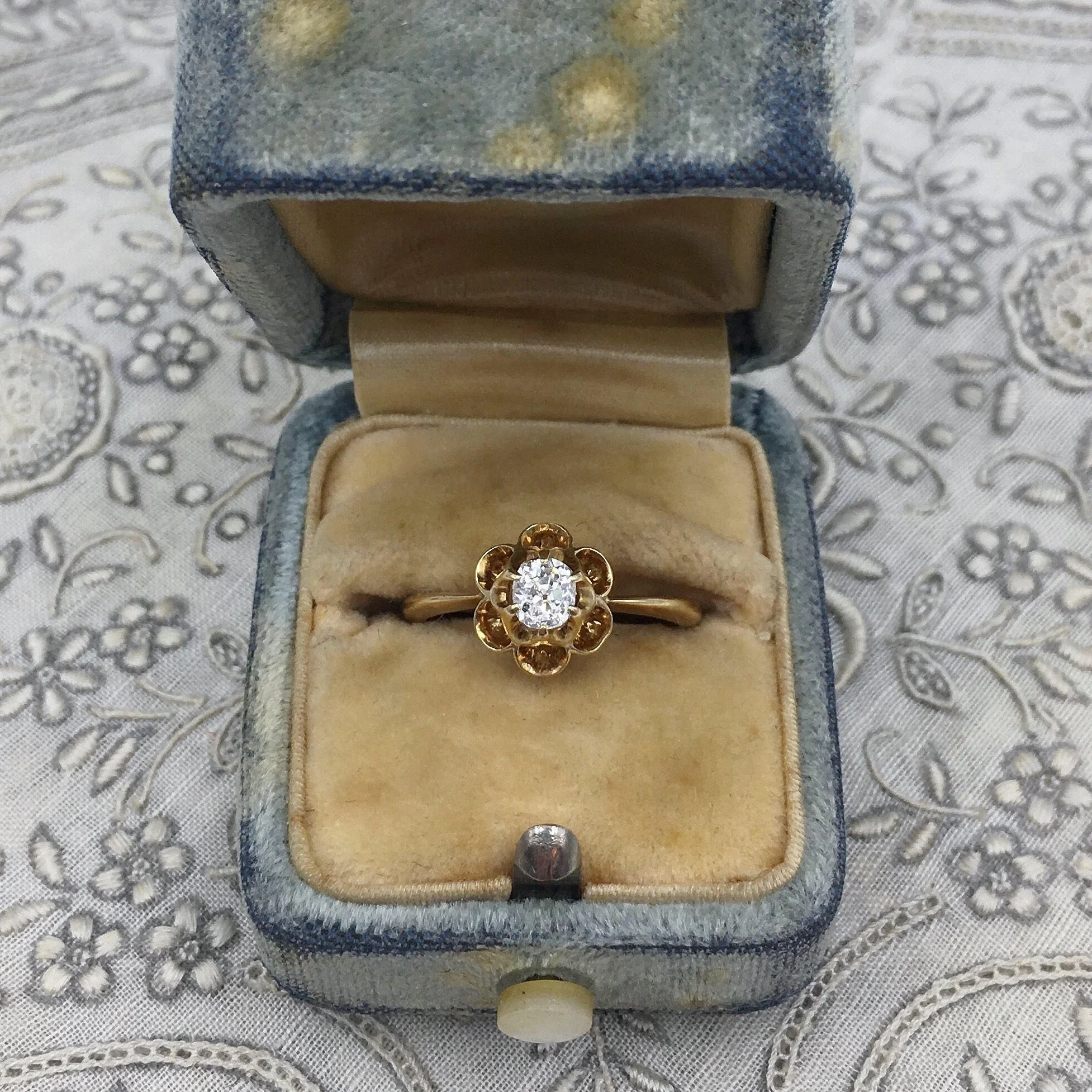 Circa 1900 Cushion Cut Diamond Ring 14k Buttercup Setting