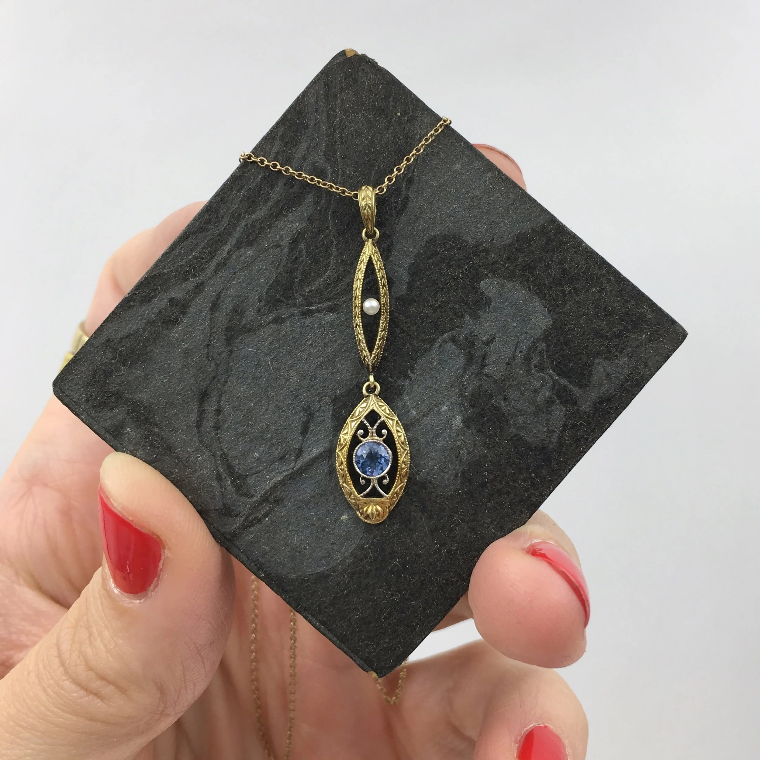 Antique sapphire lavaliere pendant Reverie estate jewelry NYC