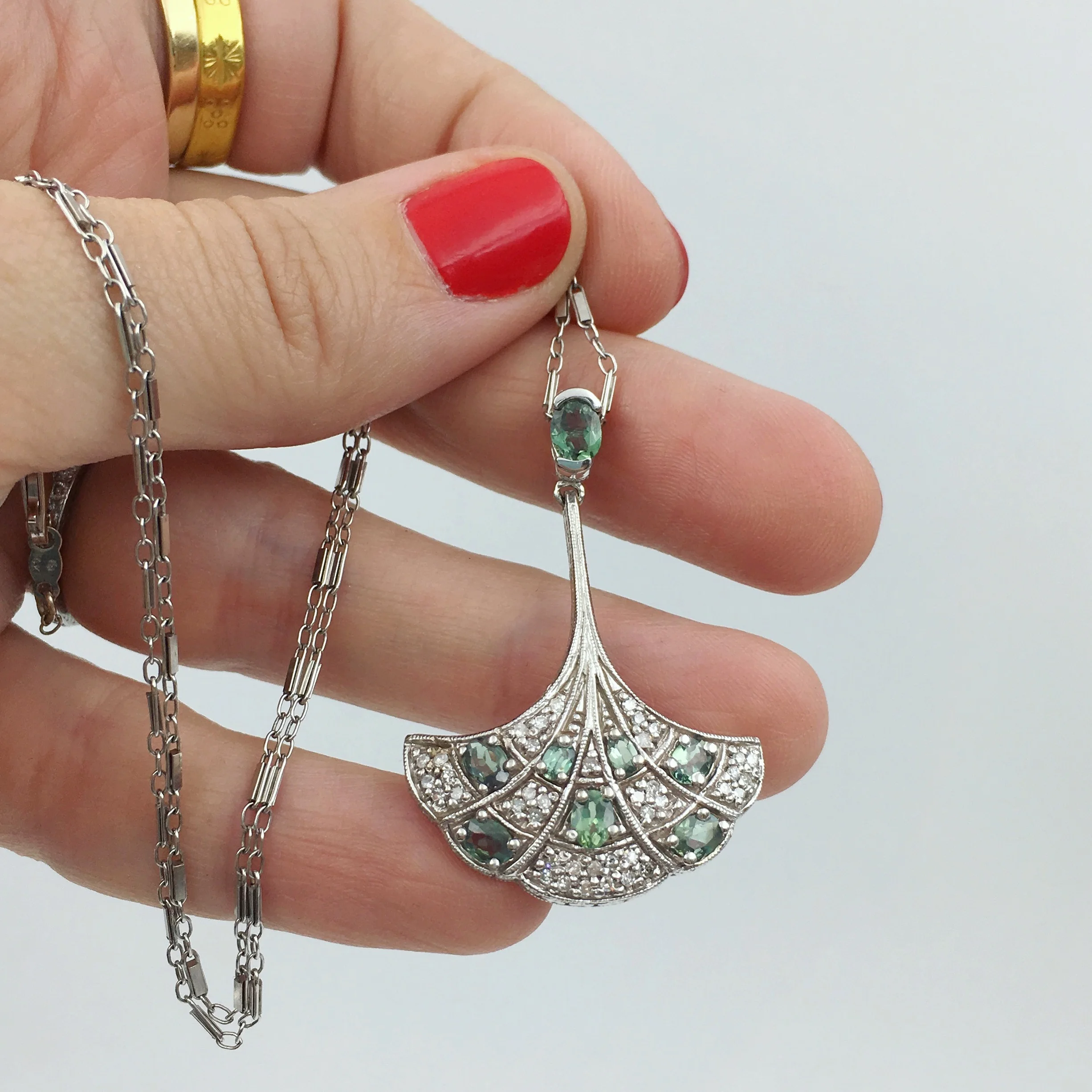 Mid Century diamond leaf pendant wedding necklace Reverie vintage jewelry NYC