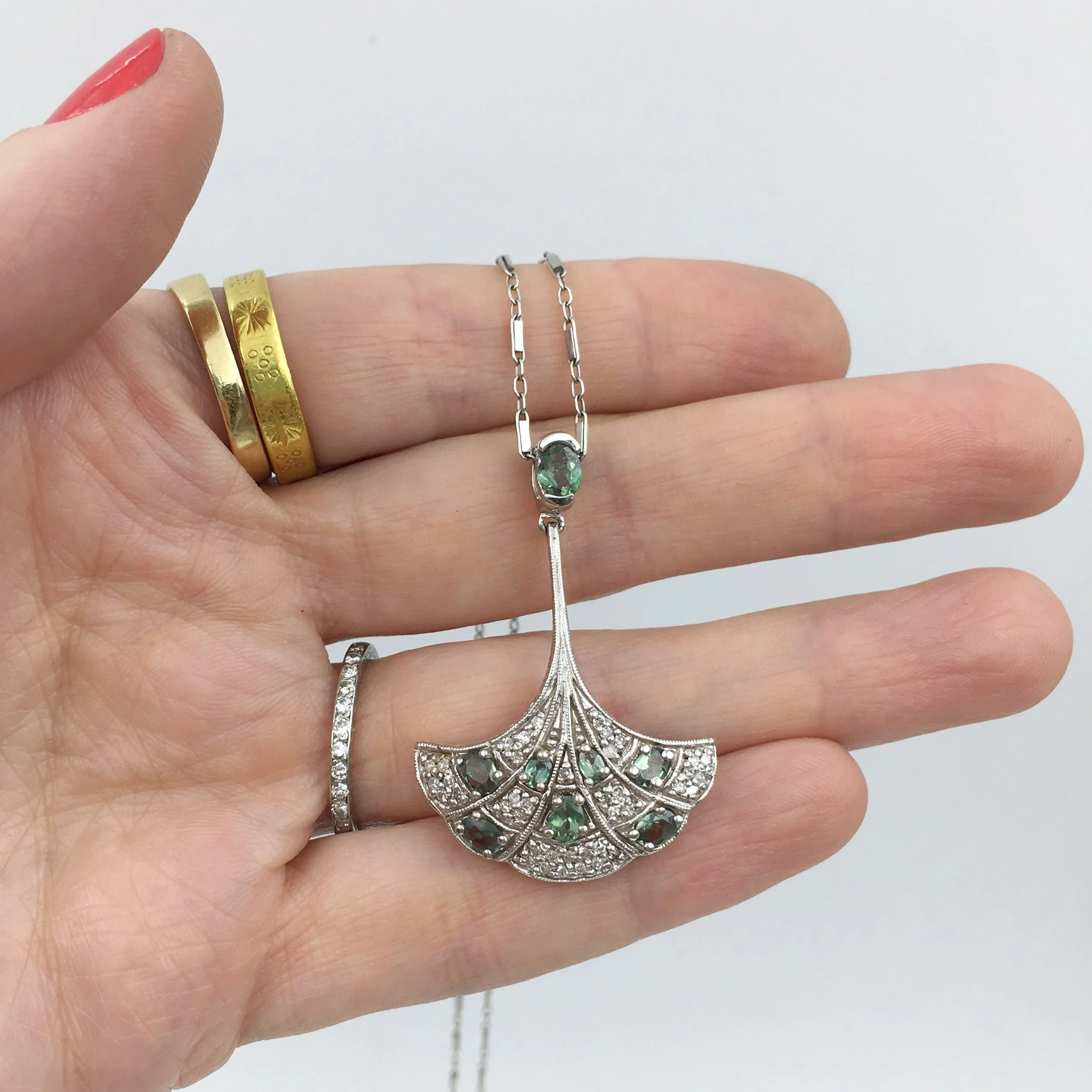 Mid Century diamond leaf pendant wedding necklace Reverie vintage jewelry NYC