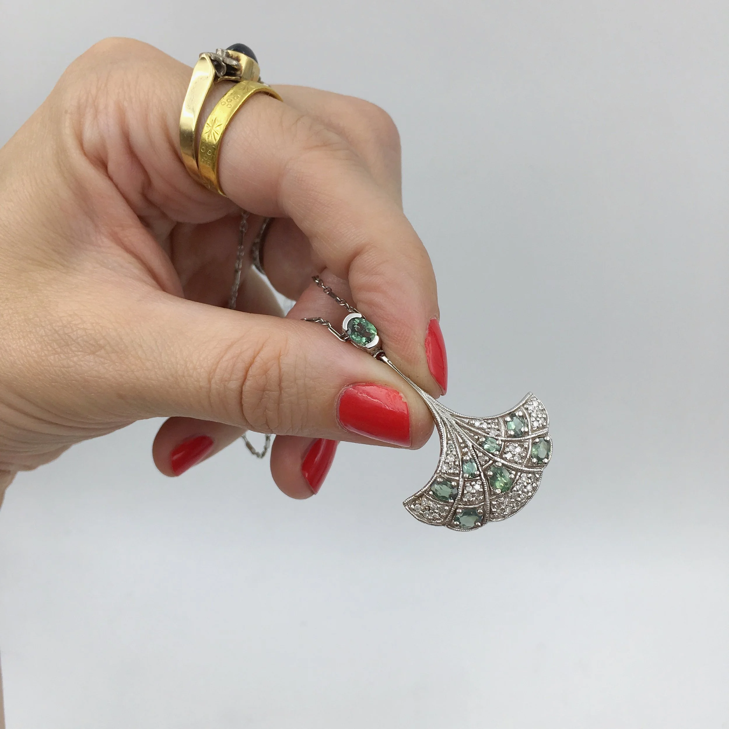 Mid Century diamond leaf pendant wedding necklace Reverie vintage jewelry NYC