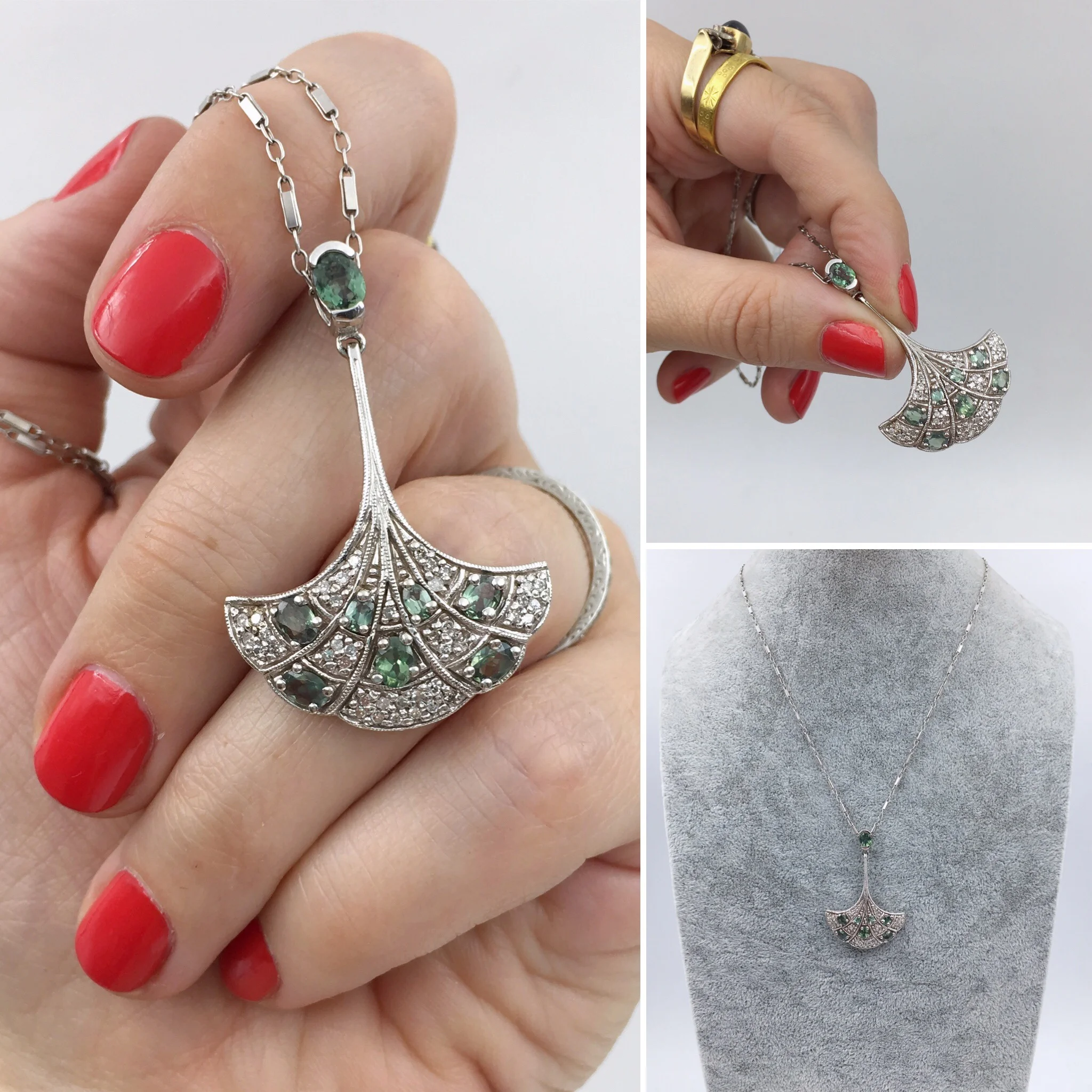 Mid Century diamond leaf pendant wedding necklace Reverie vintage jewelry NYC