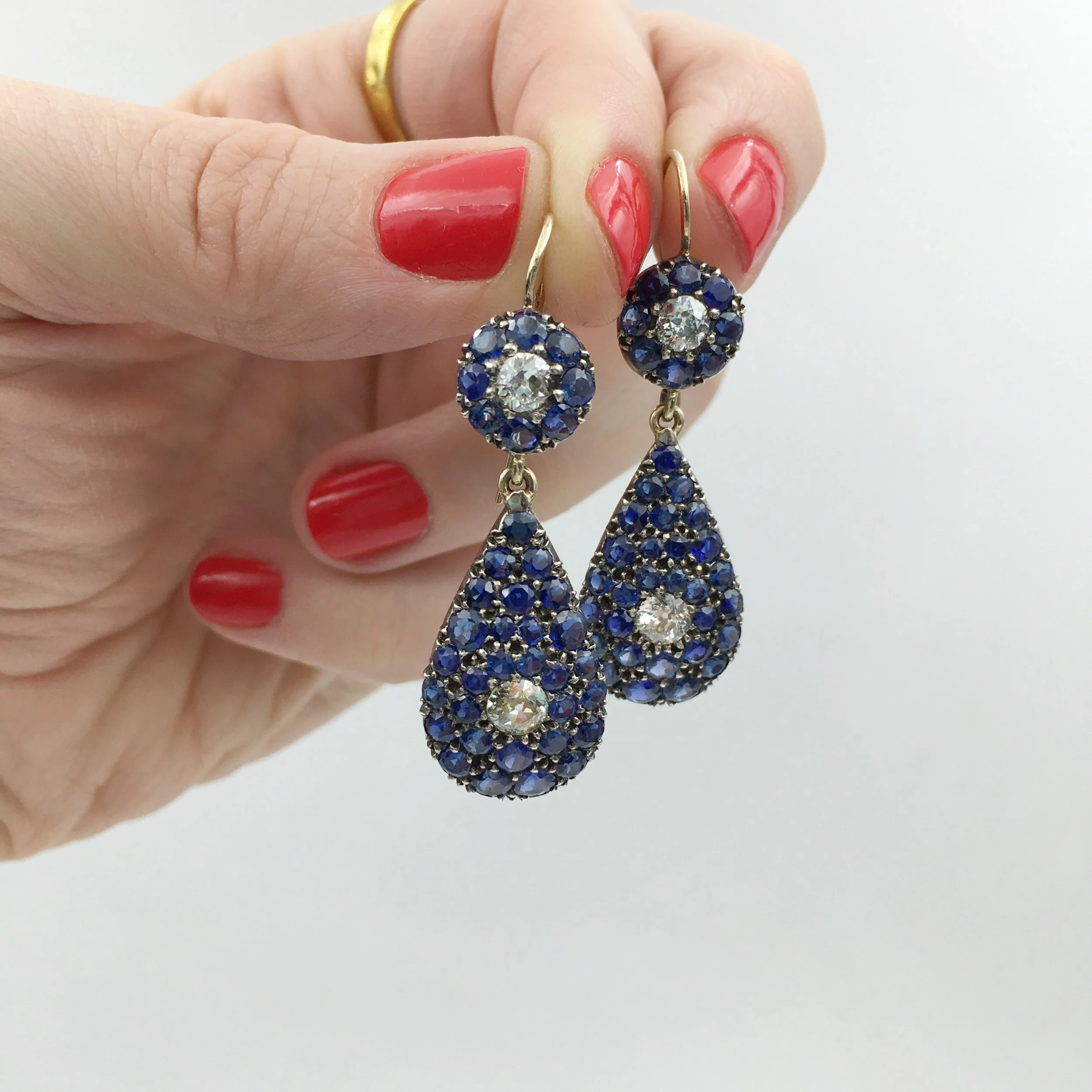 antique pave sapphire earrings Reverie antique jewelry NYC