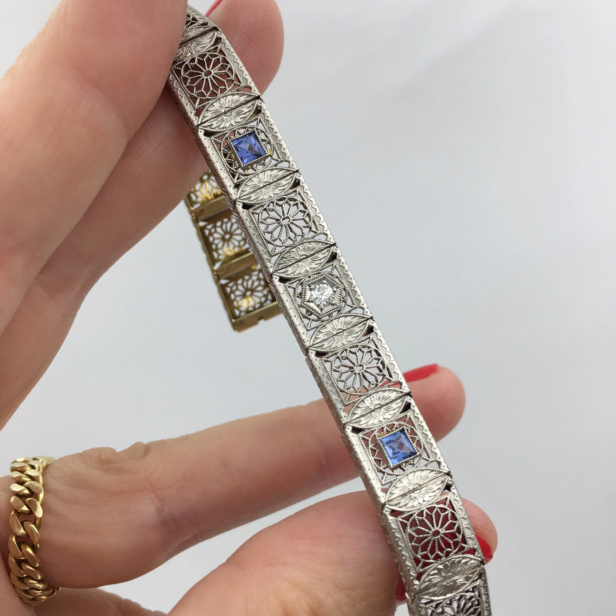 Deco filigree diamond bracelet Reverie vintage jewelry NYC