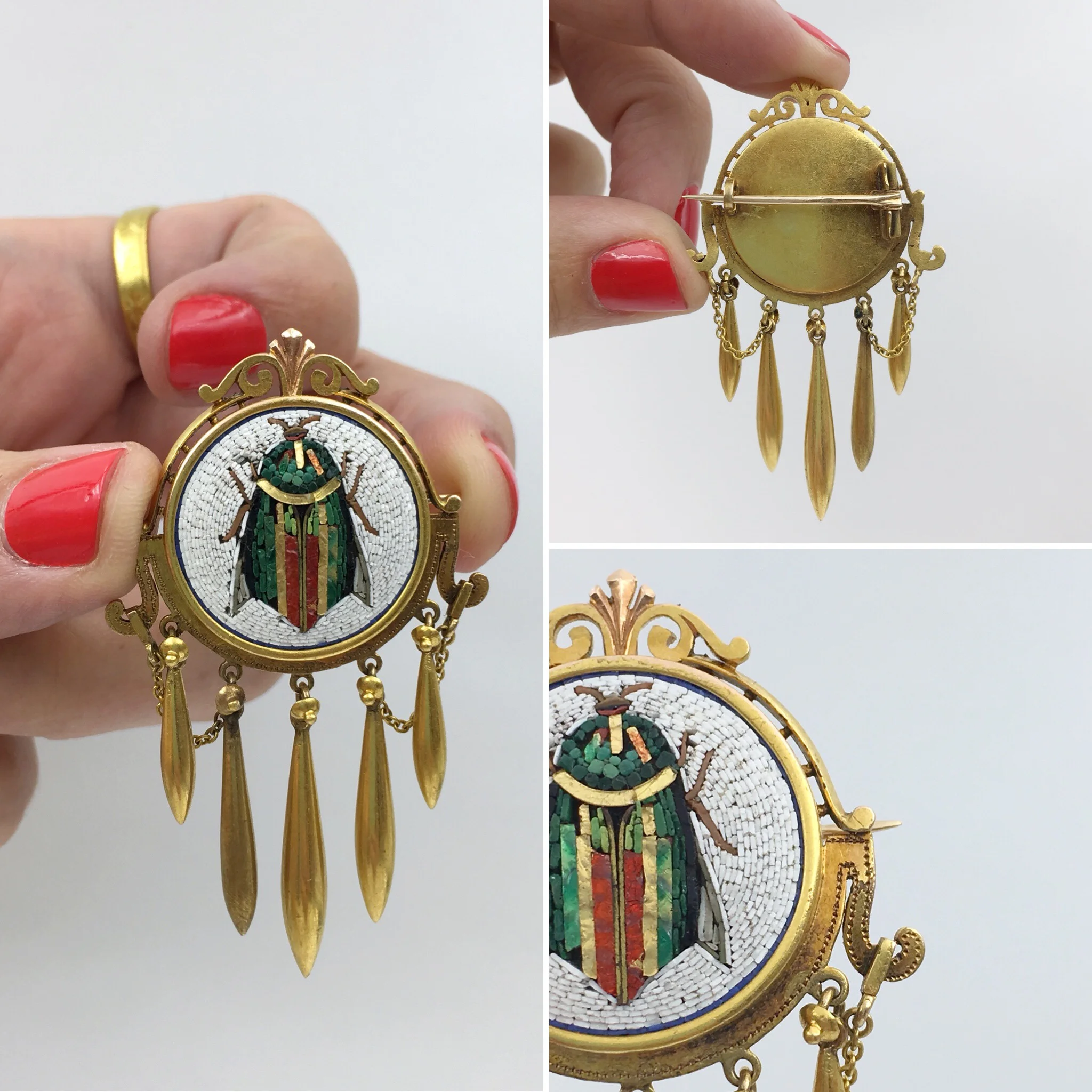 Early Egyptian Revival Micro Mosaic Scarab Brooch, 18k Gold 