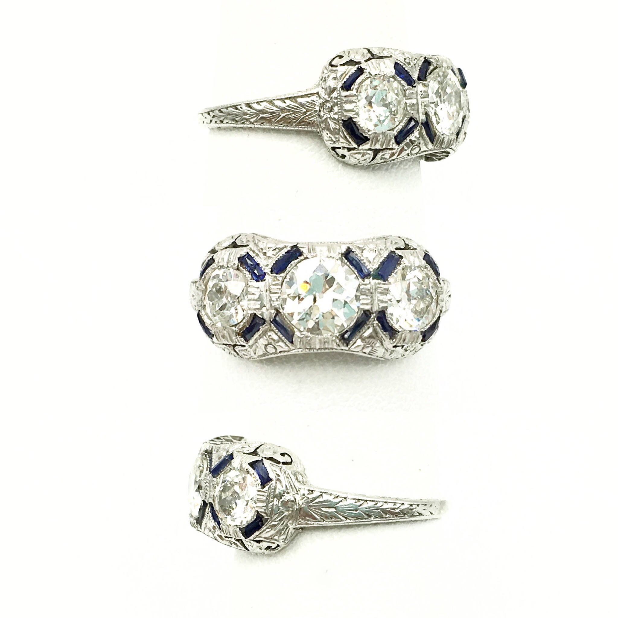 Deco three stone diamond ring Reverie estate jewelry NYC