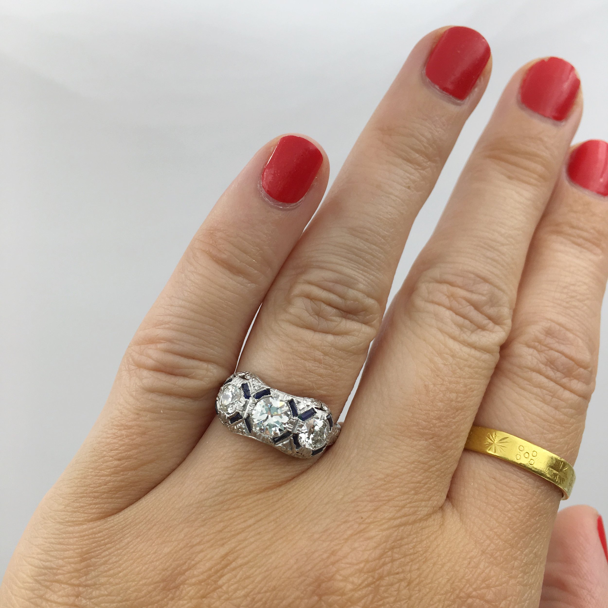 Deco three stone diamond ring Reverie estate jewelry NYC