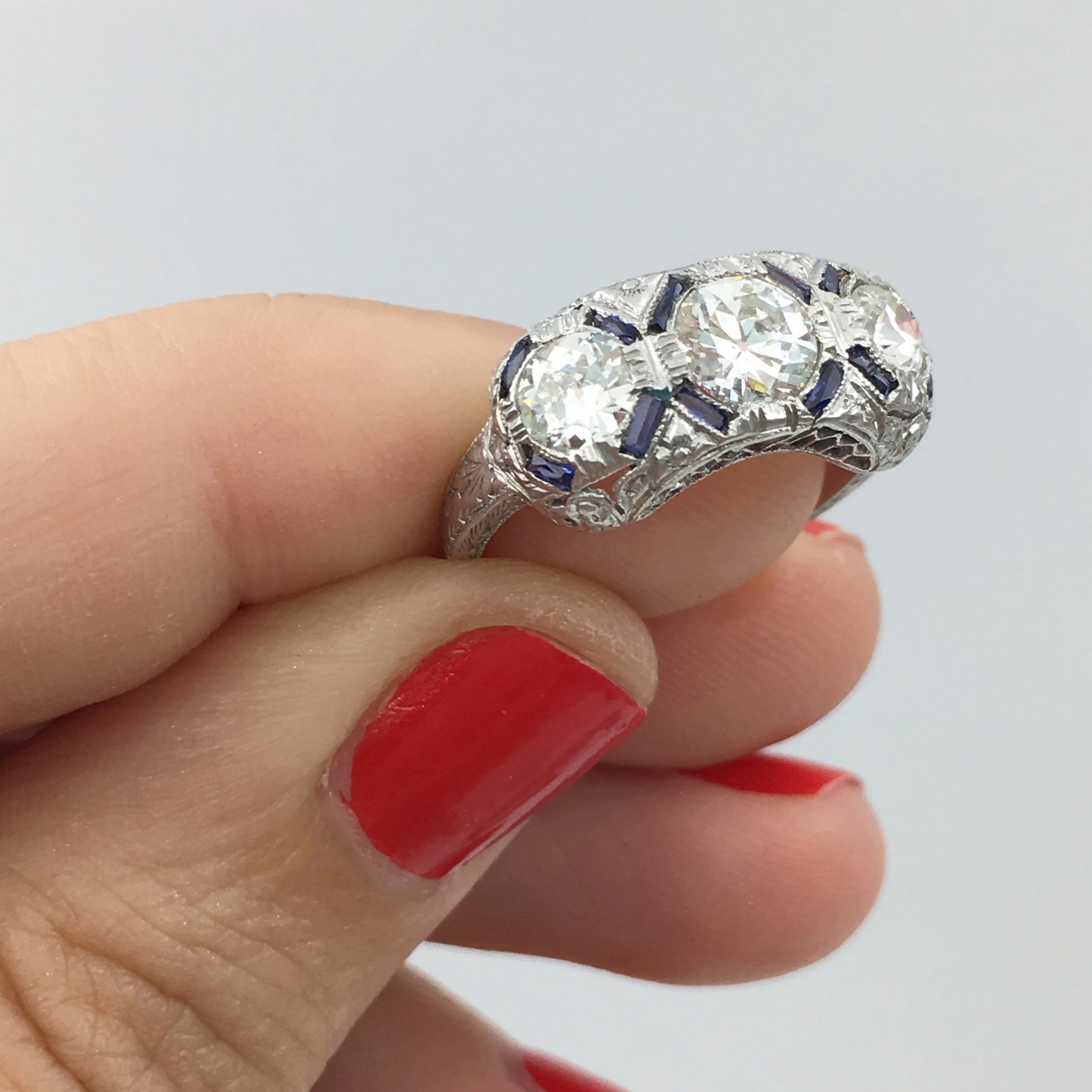 Deco three stone diamond ring Reverie estate jewelry NYC