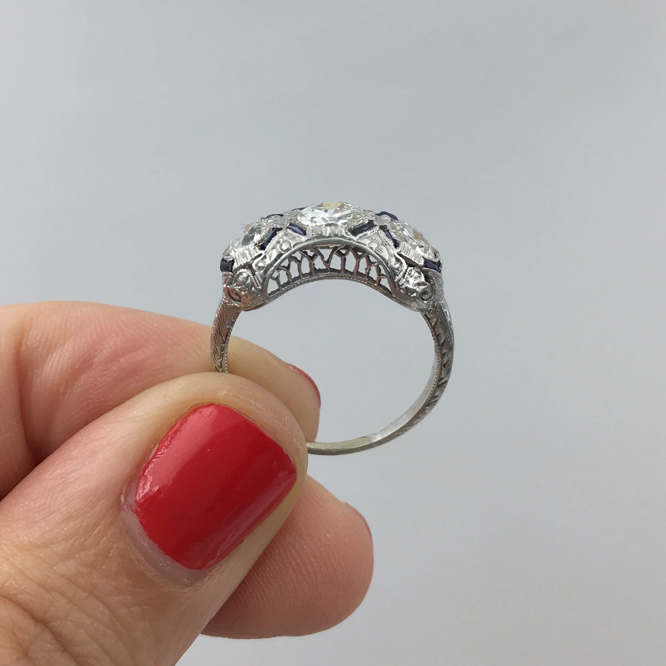 Deco three stone diamond ring Reverie estate jewelry NYC