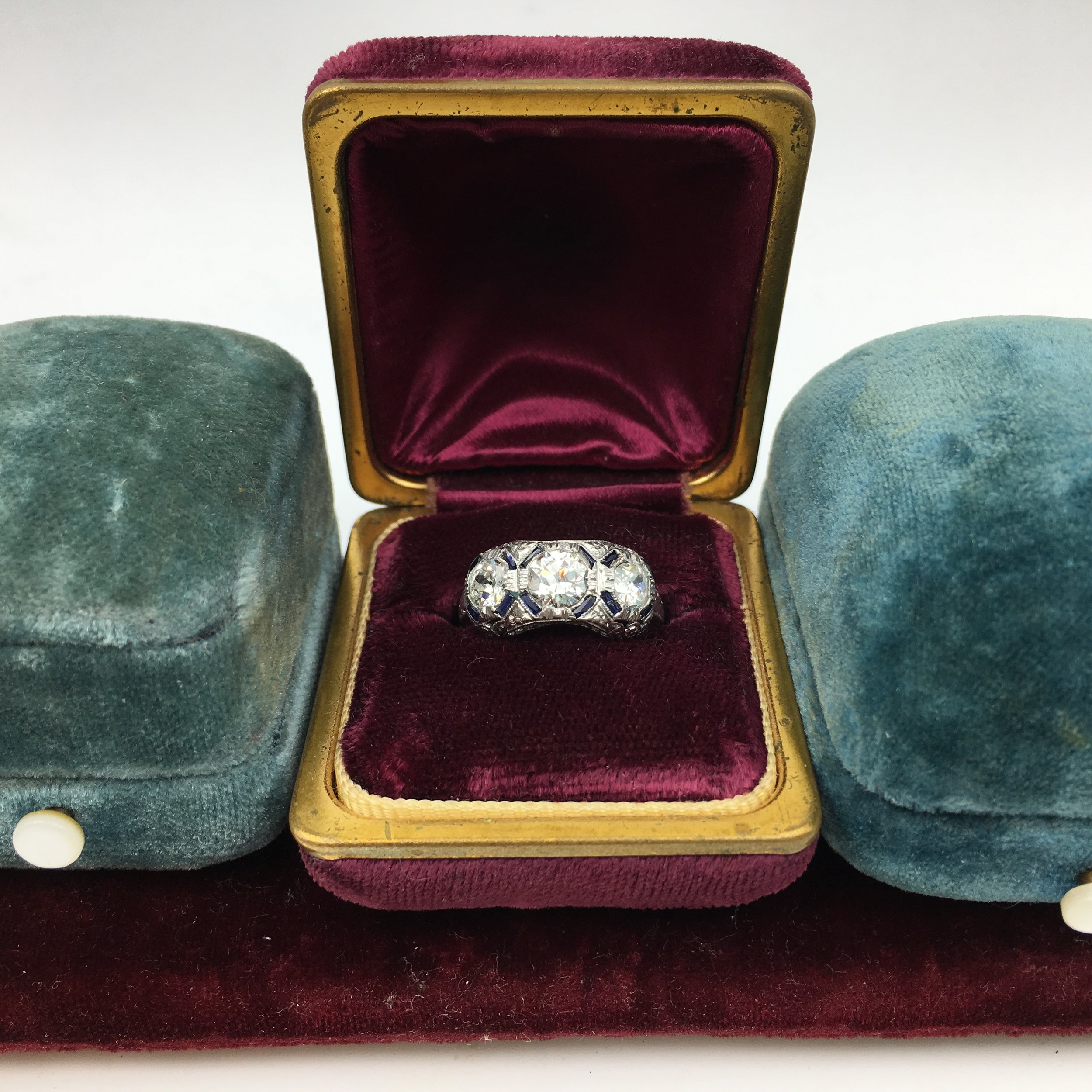 Deco three stone diamond ring Reverie estate jewelry NYC