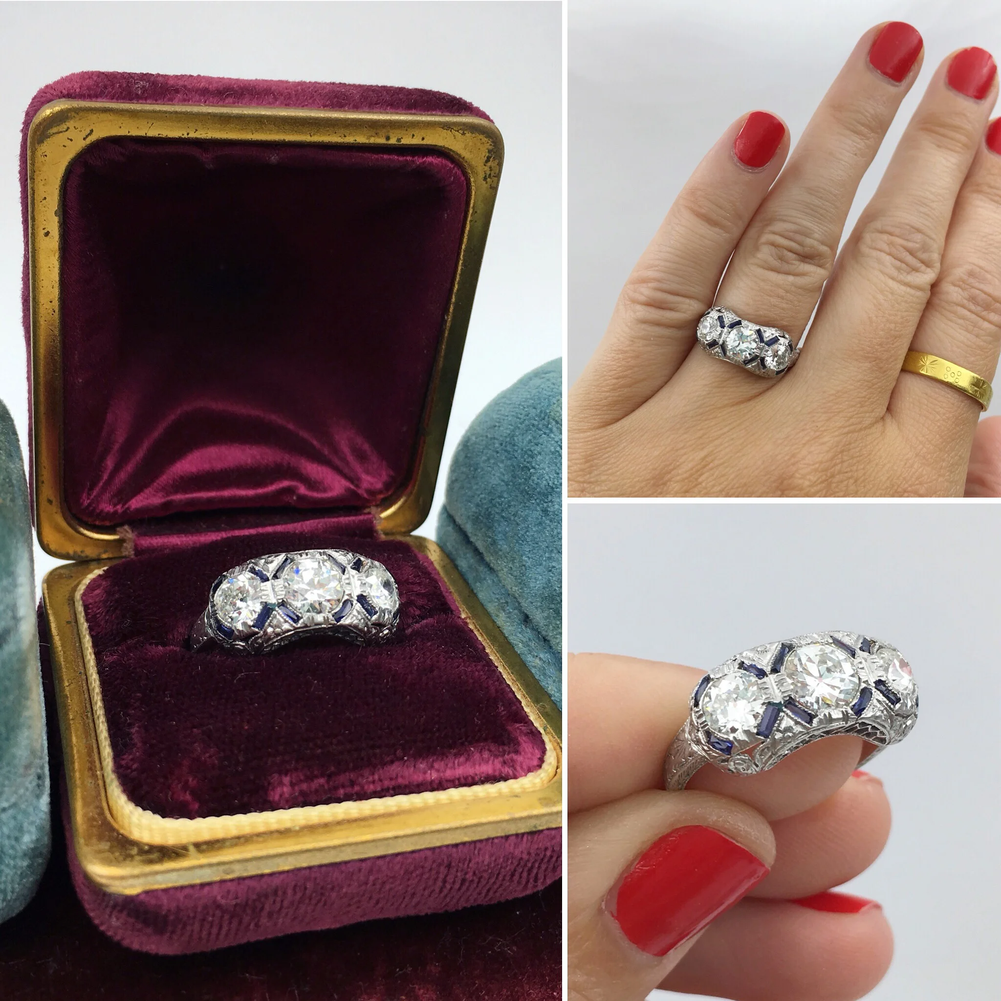 Deco three stone diamond ring Reverie estate jewelry NYC