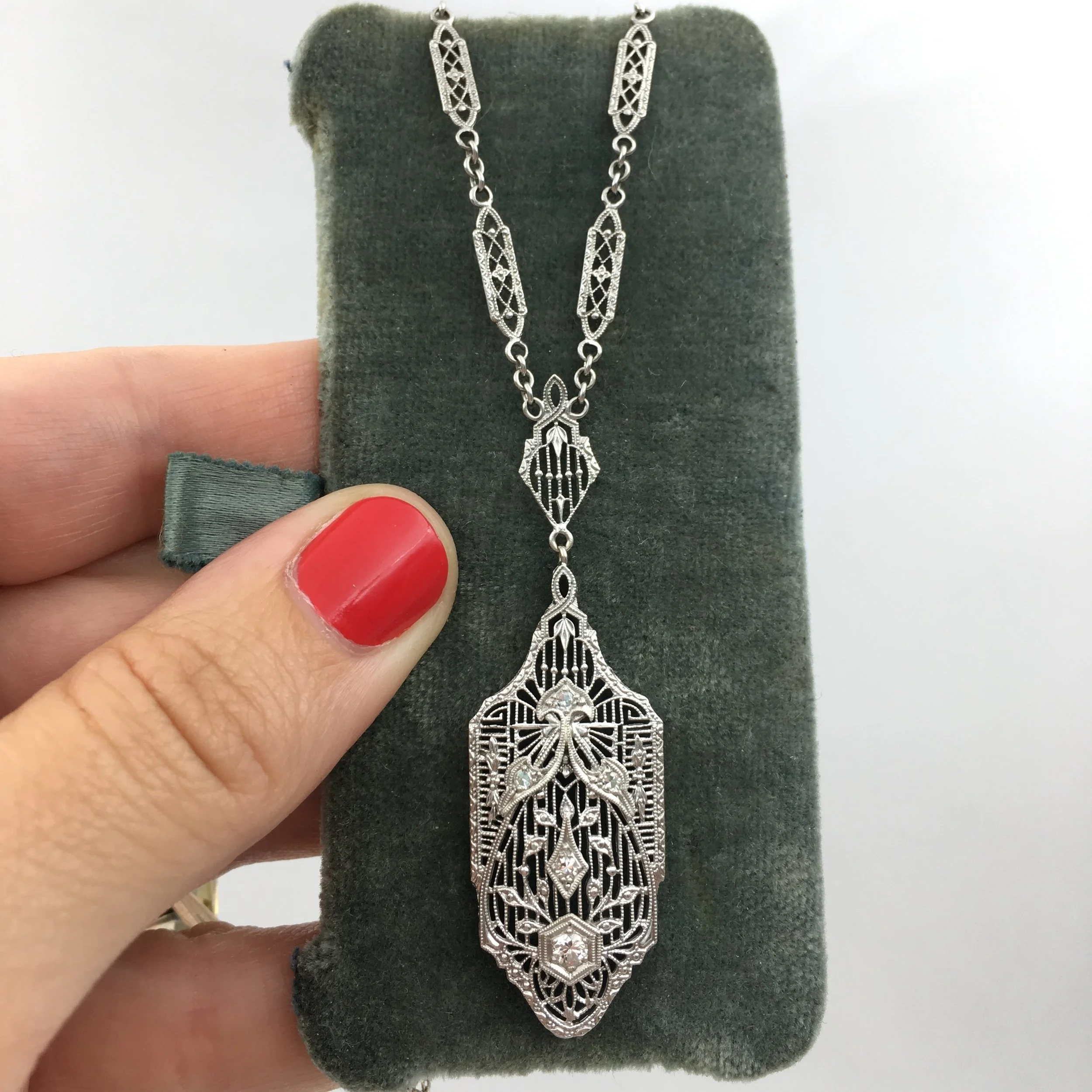 Edwardian filigree diamond necklace Reverie estate jewelry NYC