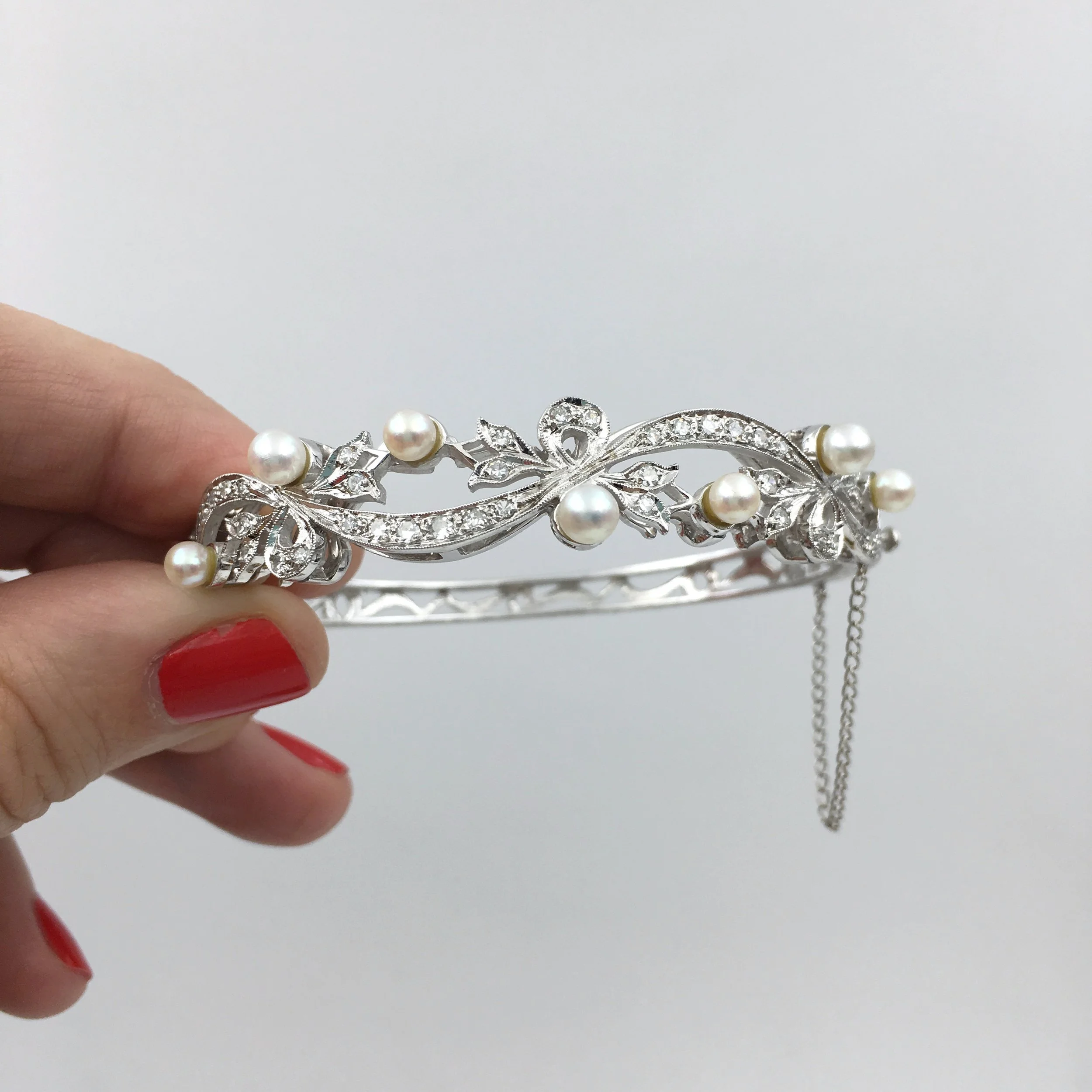 Vintage diamond and pearl wedding bracelet Reverie estate jewelry NYC