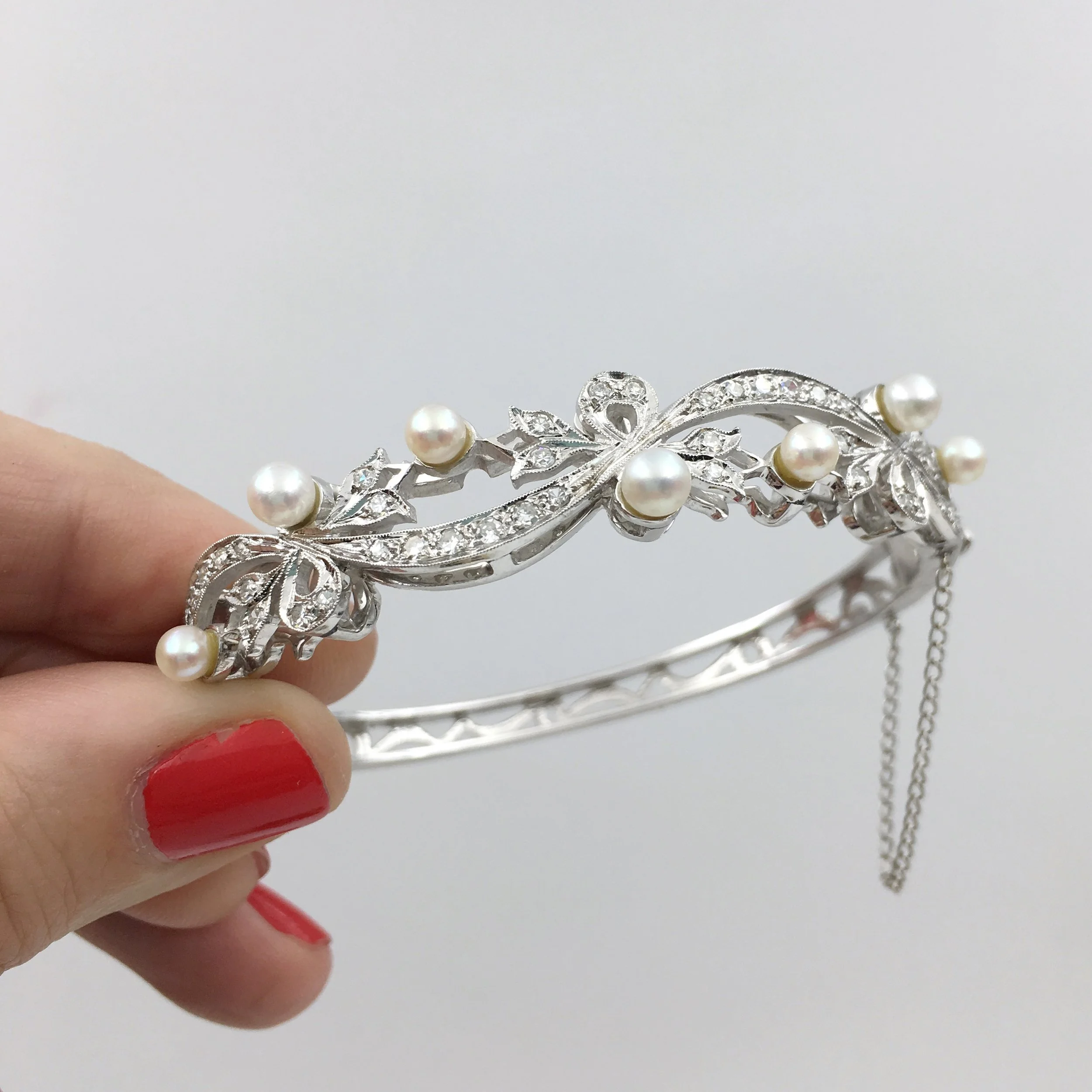 Vintage diamond and pearl wedding bracelet Reverie estate jewelry NYC