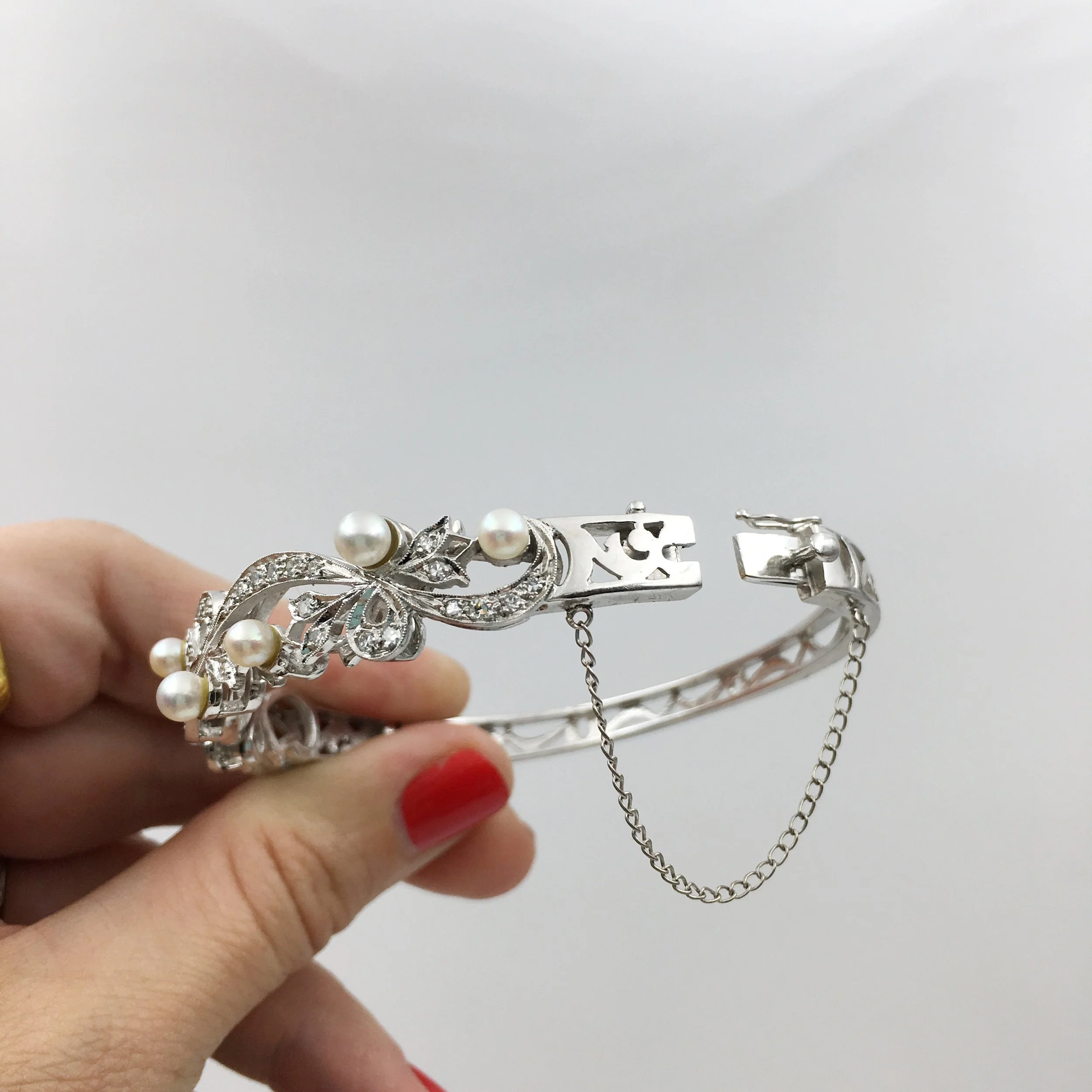 Vintage diamond and pearl wedding bracelet Reverie estate jewelry NYC