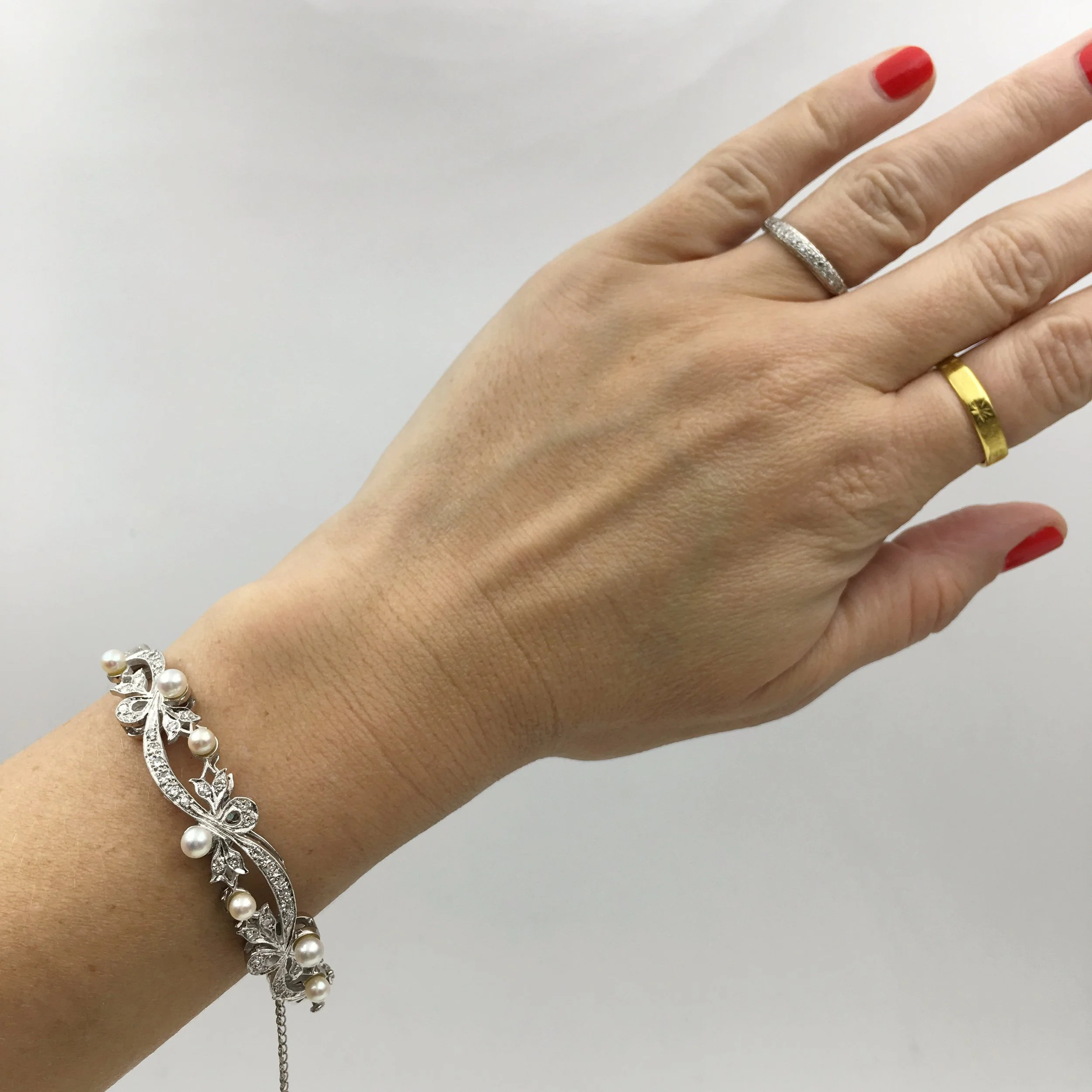 Vintage diamond and pearl wedding bracelet Reverie estate jewelry NYC