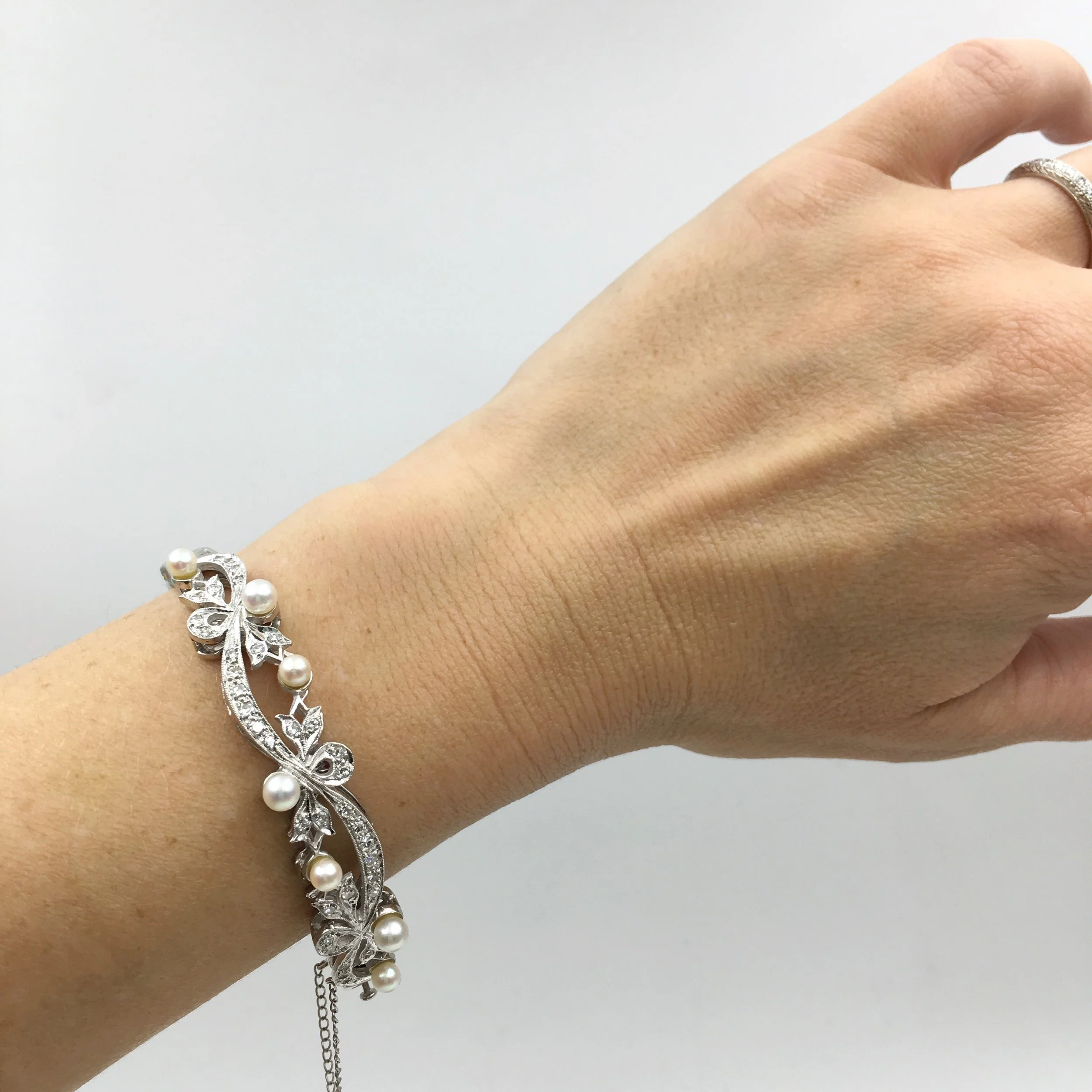 Vintage diamond and pearl wedding bracelet Reverie estate jewelry NYC