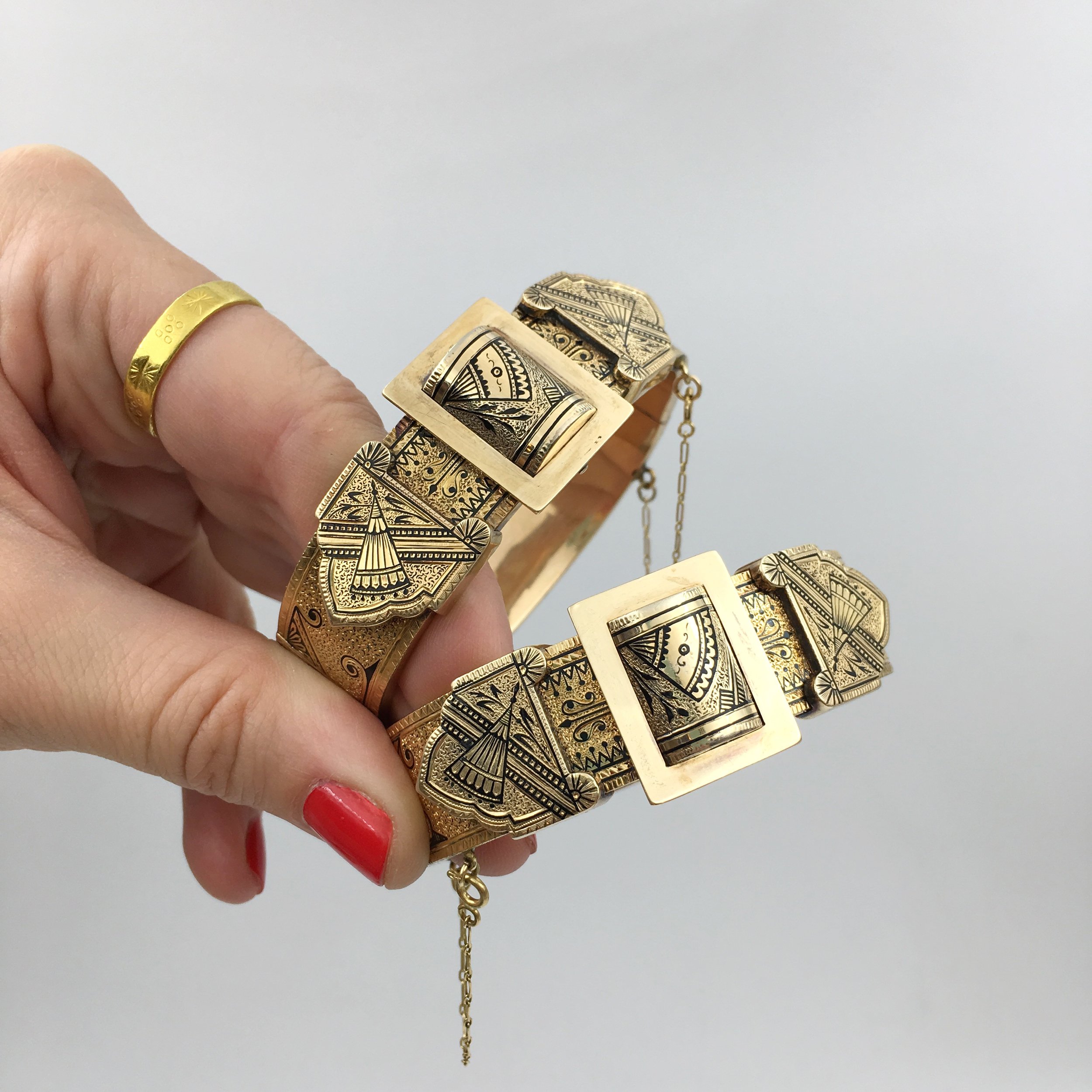 Pair enamel Victorian buckle wedding bracelets Reverie antique jewelry NYC