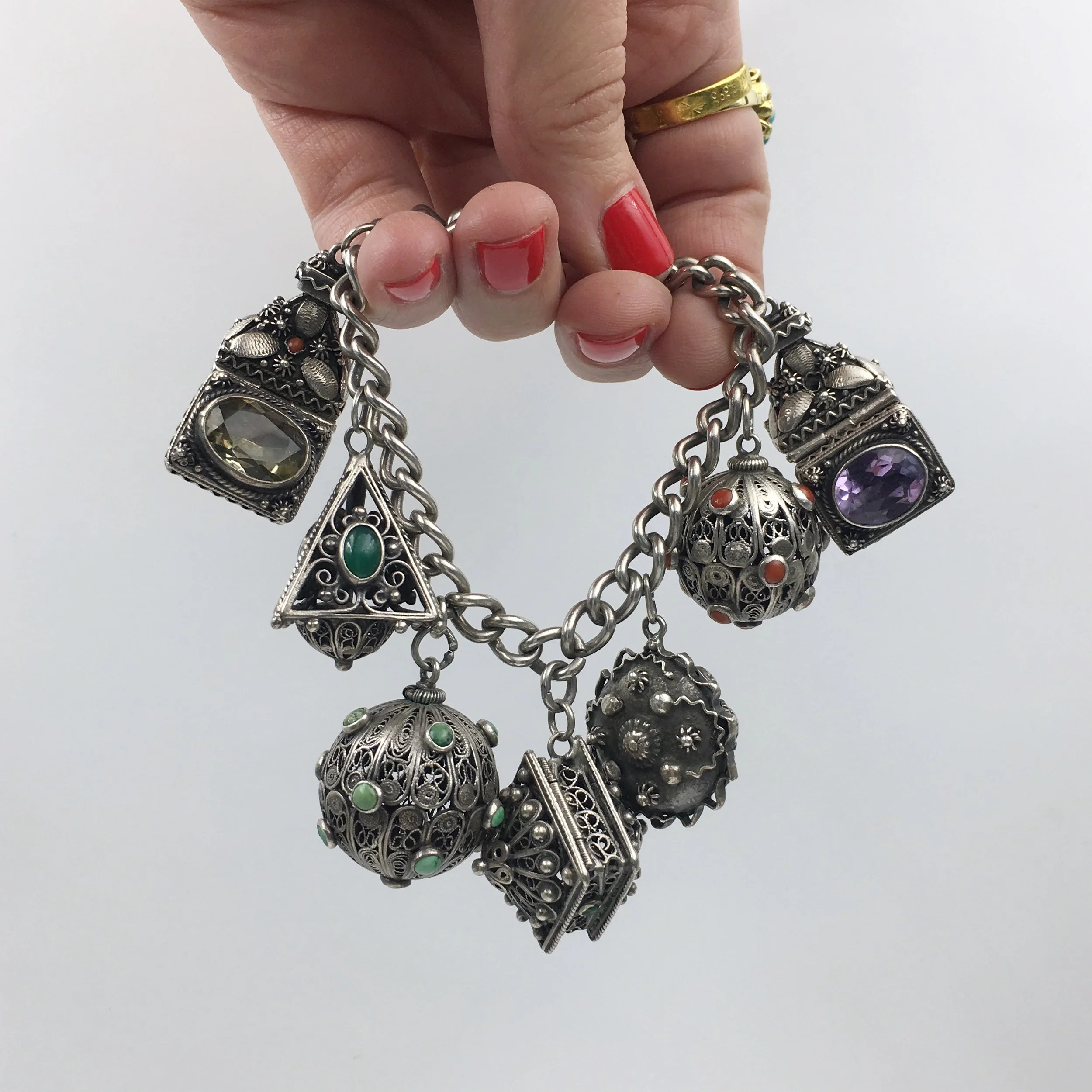 Sterling silver Etruscan charm bracelet Reverie antique jewelry NYC