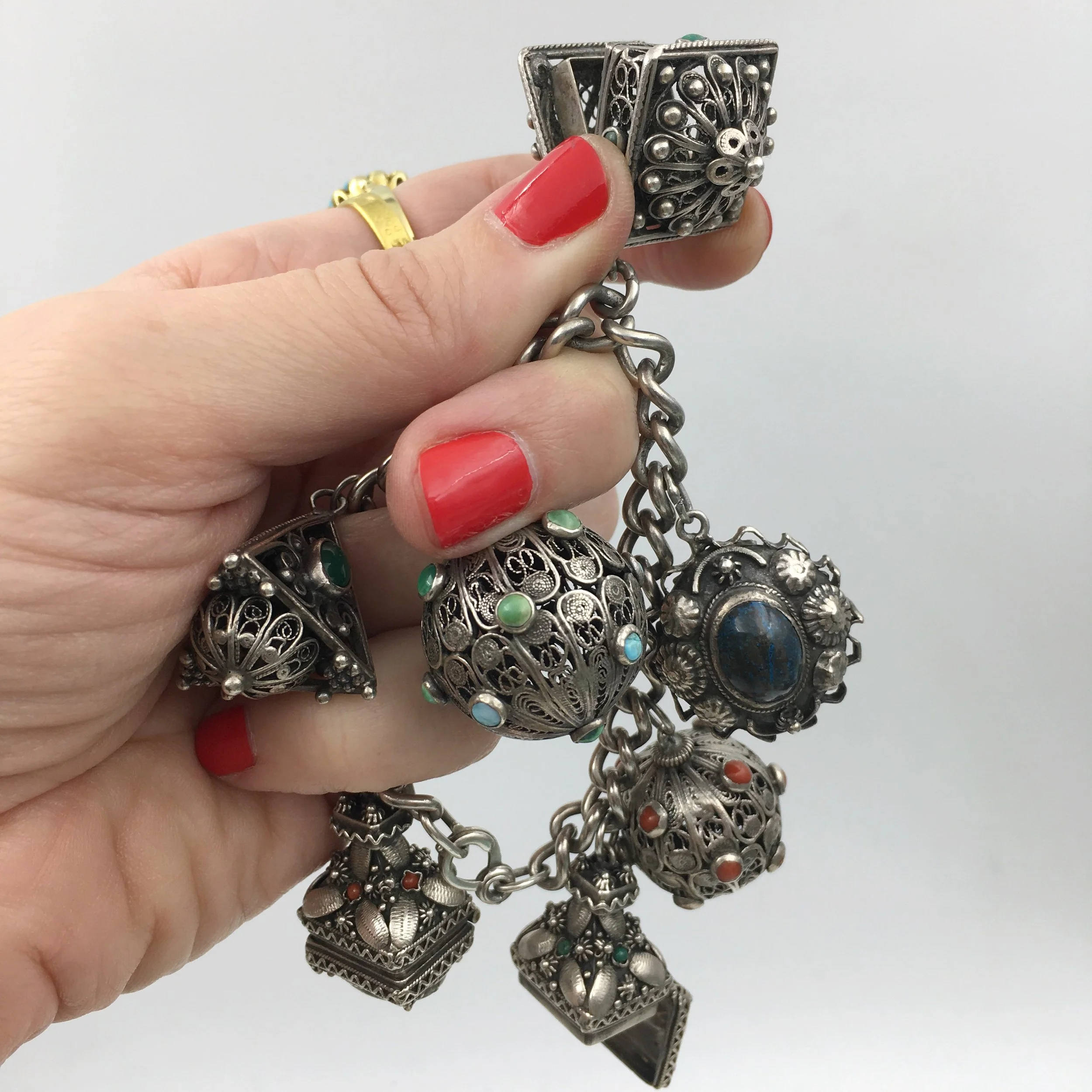 Sterling silver Etruscan charm bracelet Reverie antique jewelry NYC