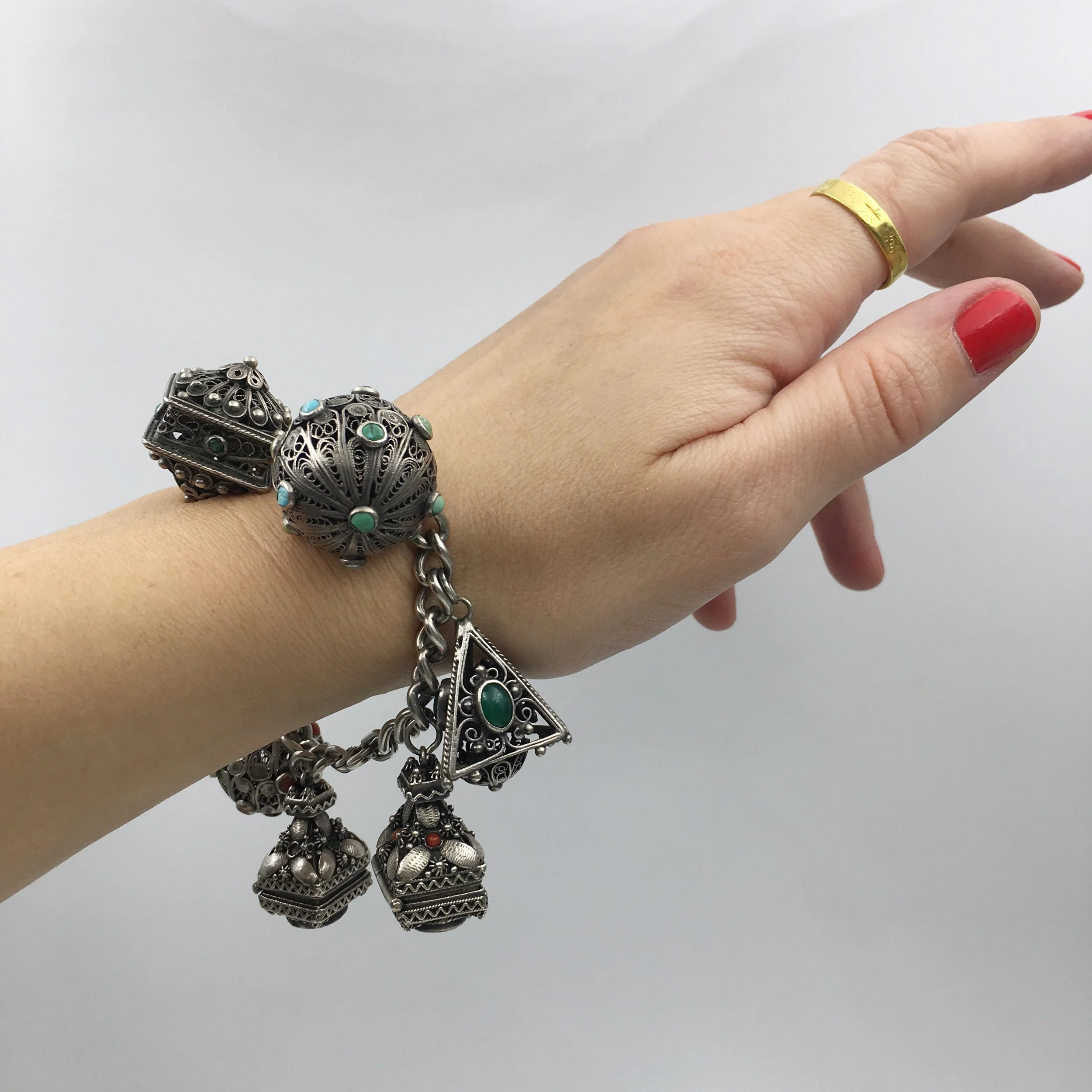 Sterling silver Etruscan charm bracelet Reverie antique jewelry NYC