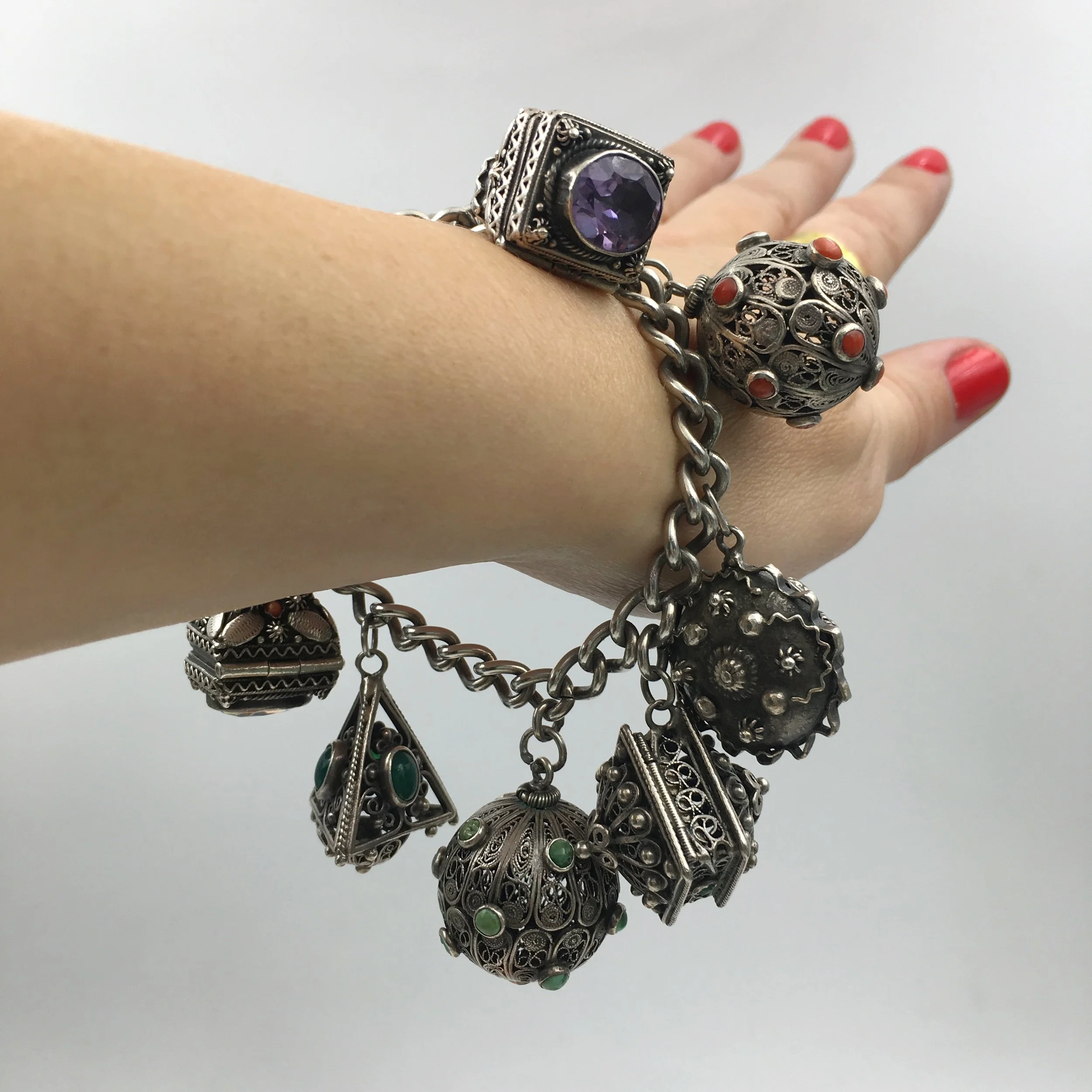 Sterling silver Etruscan charm bracelet Reverie antique jewelry NYC