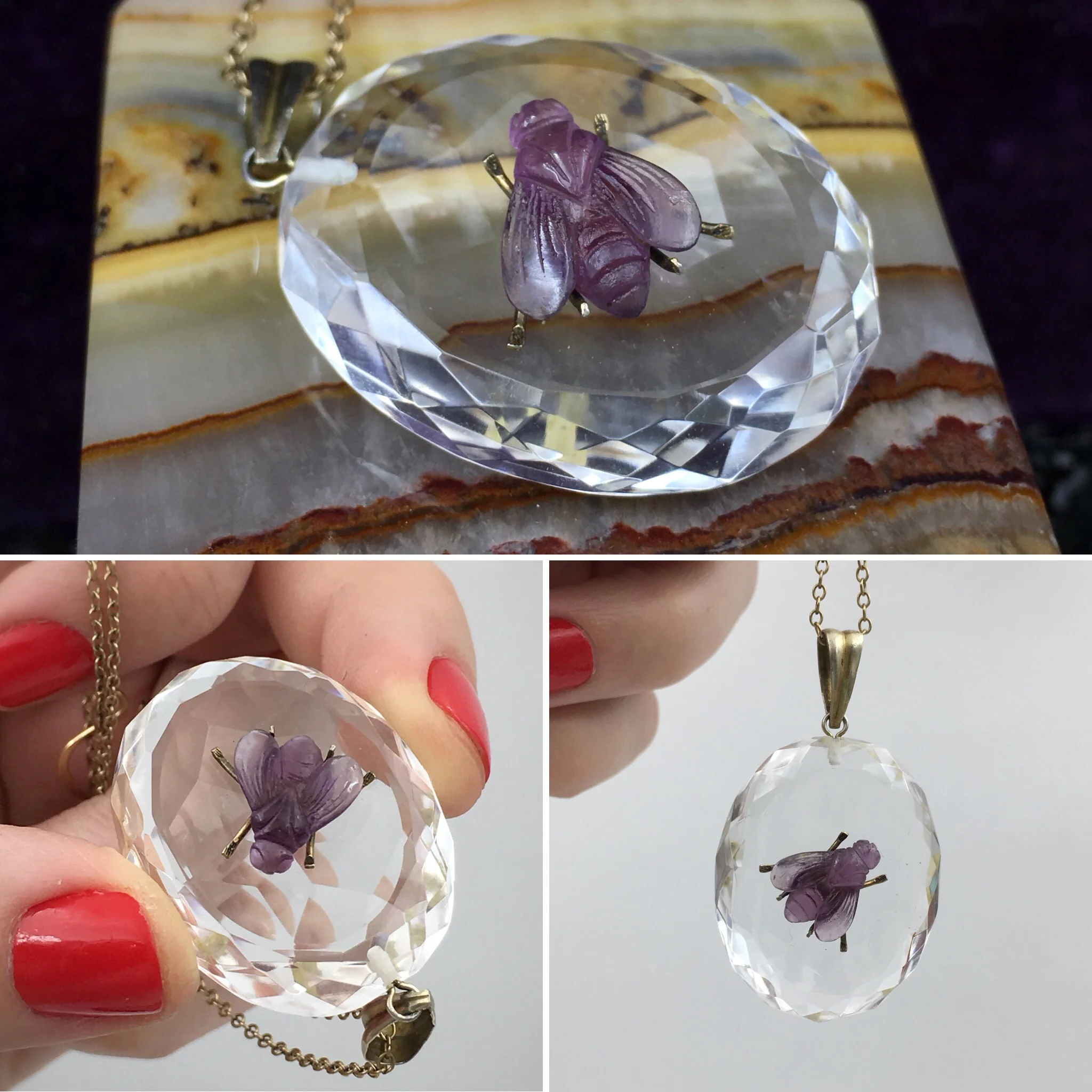 Victorian rock crystal fly pendant Reverie antique jewelry nyc