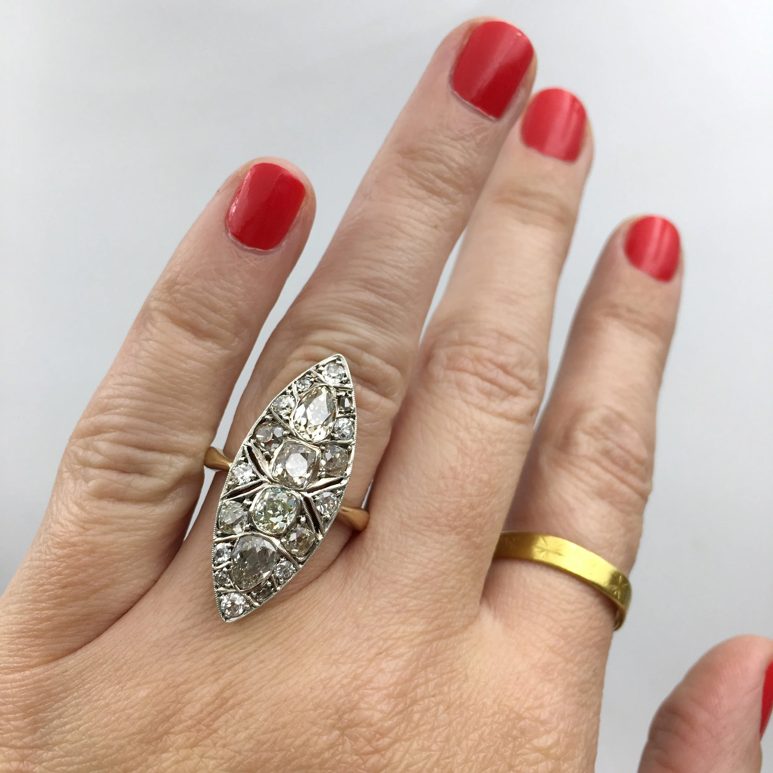 Old mine cut diamond navette ring Reverie estate jewelry NYC