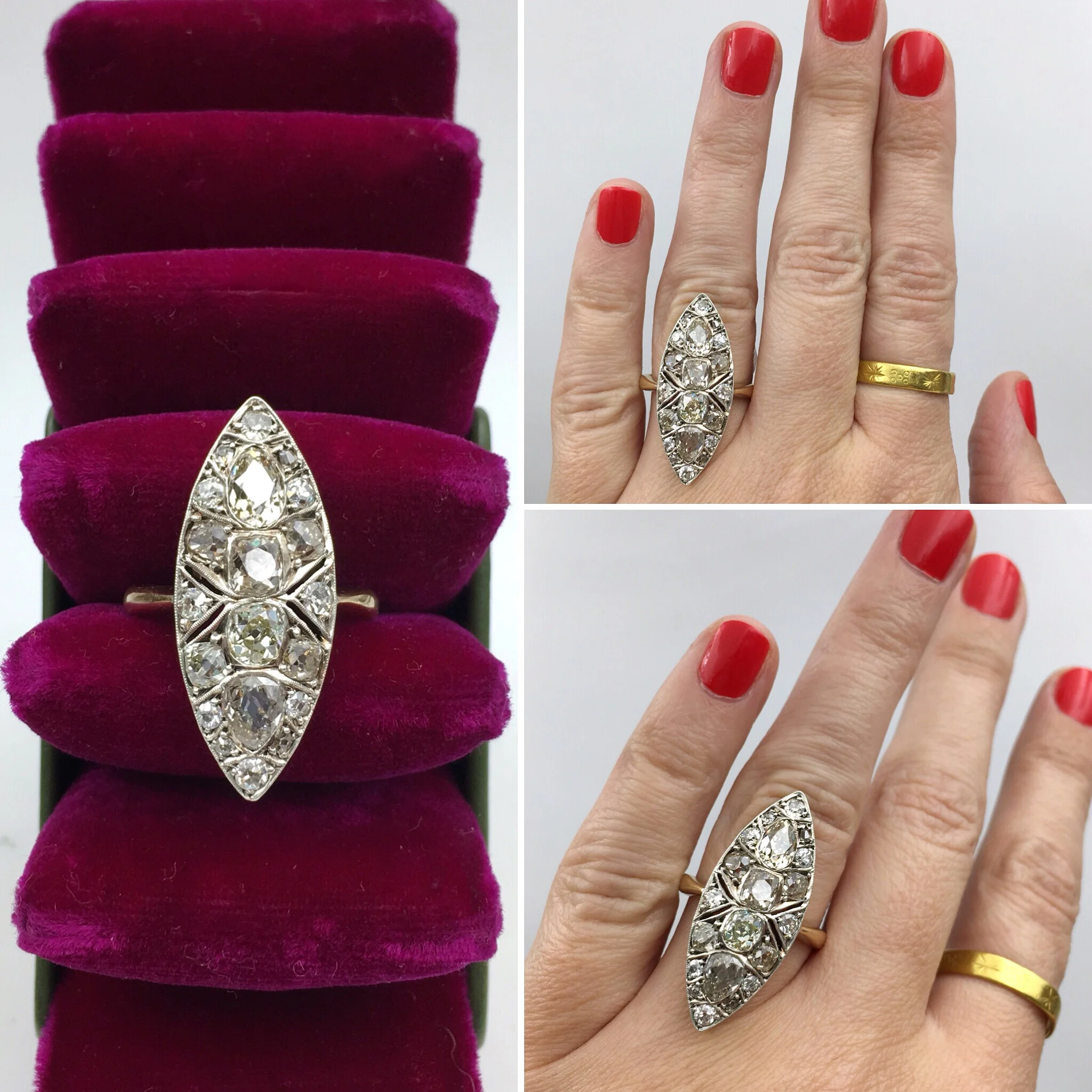 Old mine cut diamond navette ring Reverie estate jewelry NYC