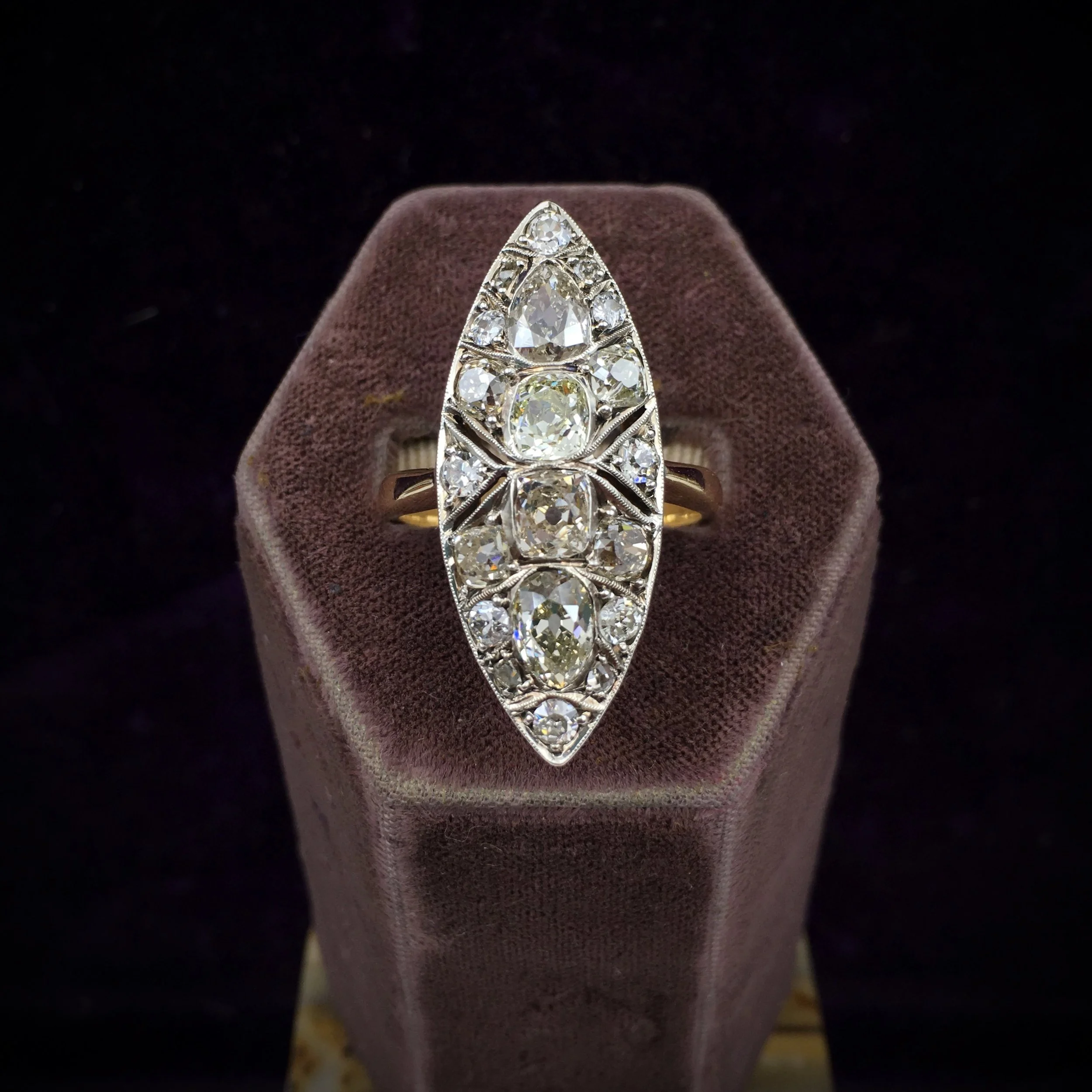 Old mine cut diamond navette ring Reverie estate jewelry NYC