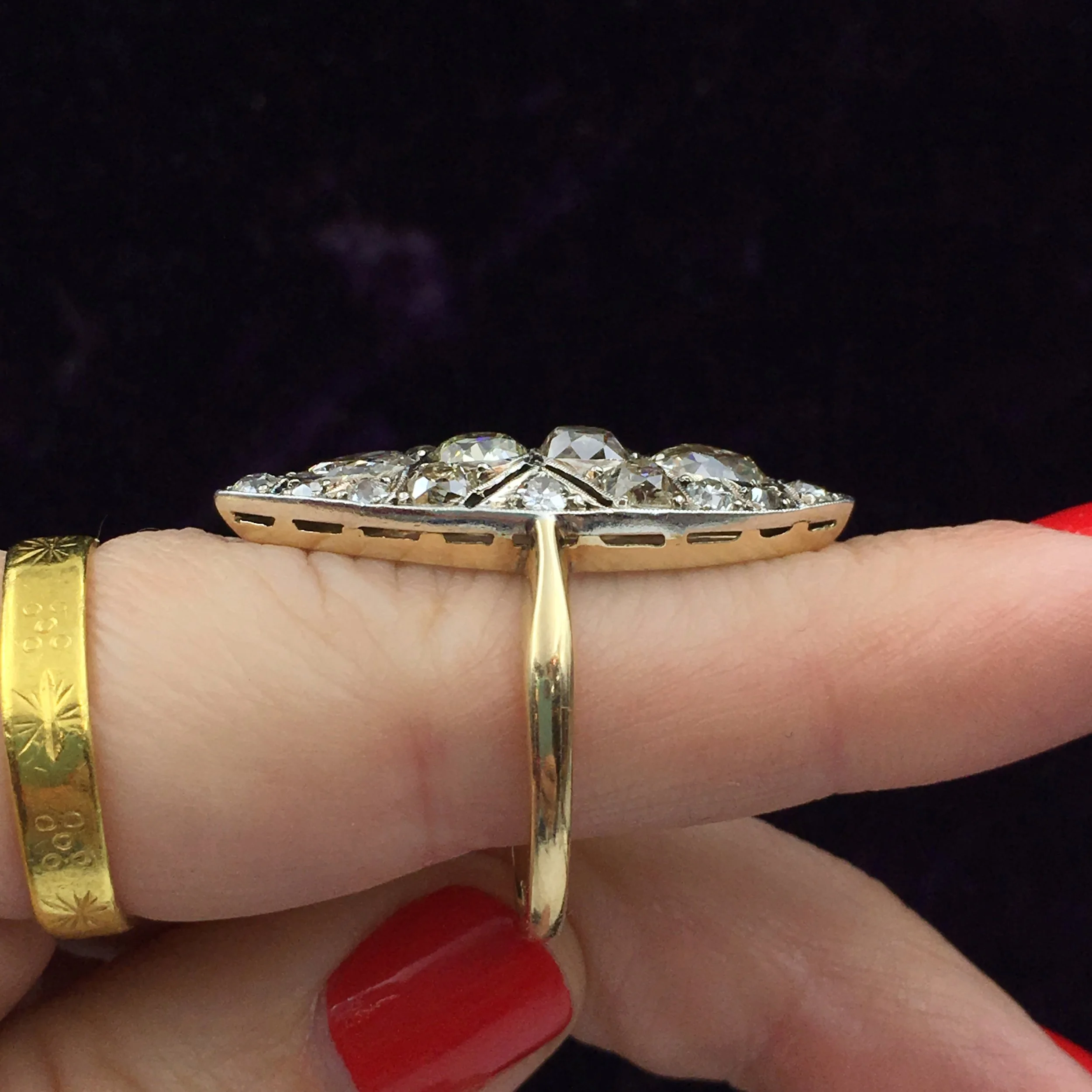 Old mine cut diamond navette ring Reverie estate jewelry NYC