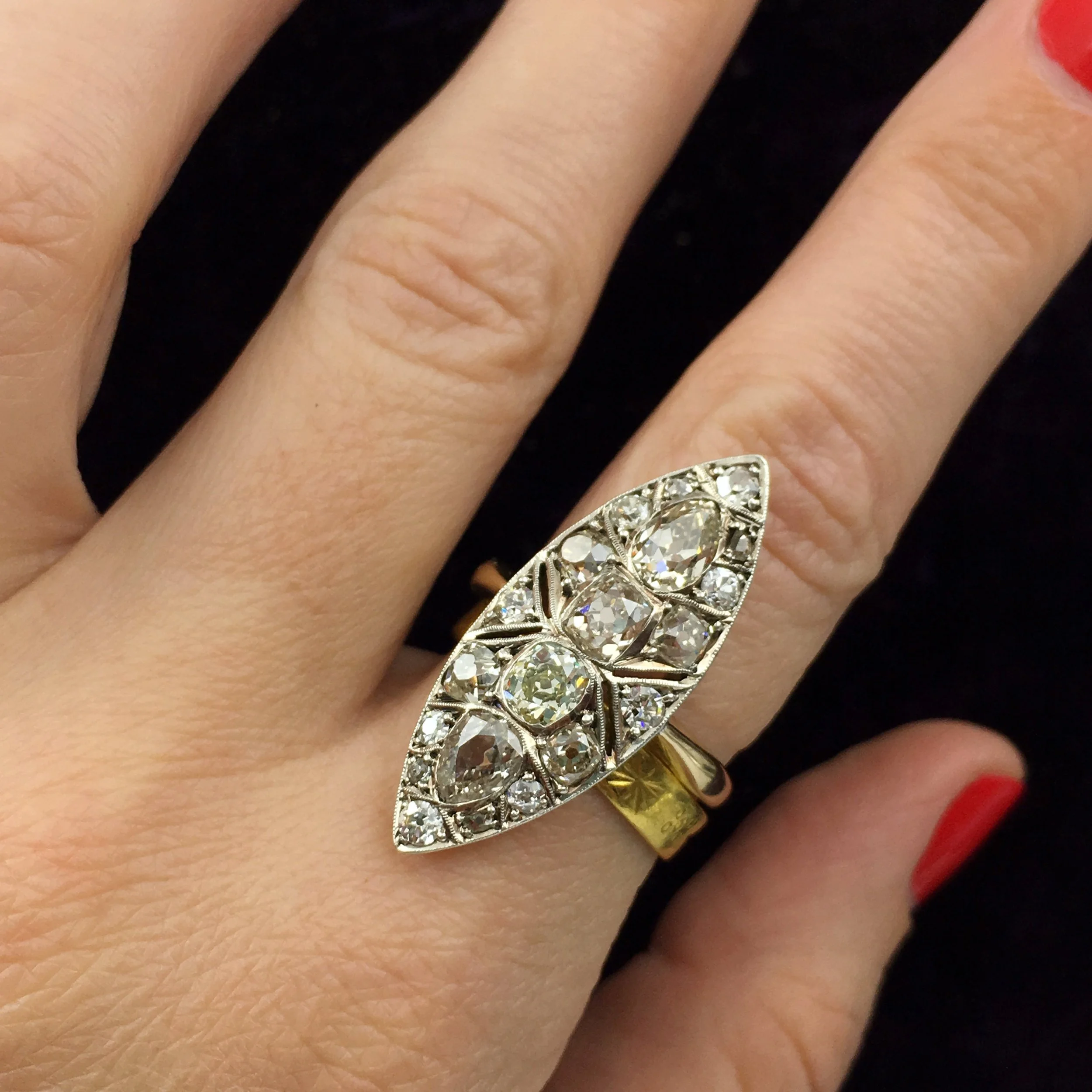 Old mine cut diamond navette ring Reverie estate jewelry NYC