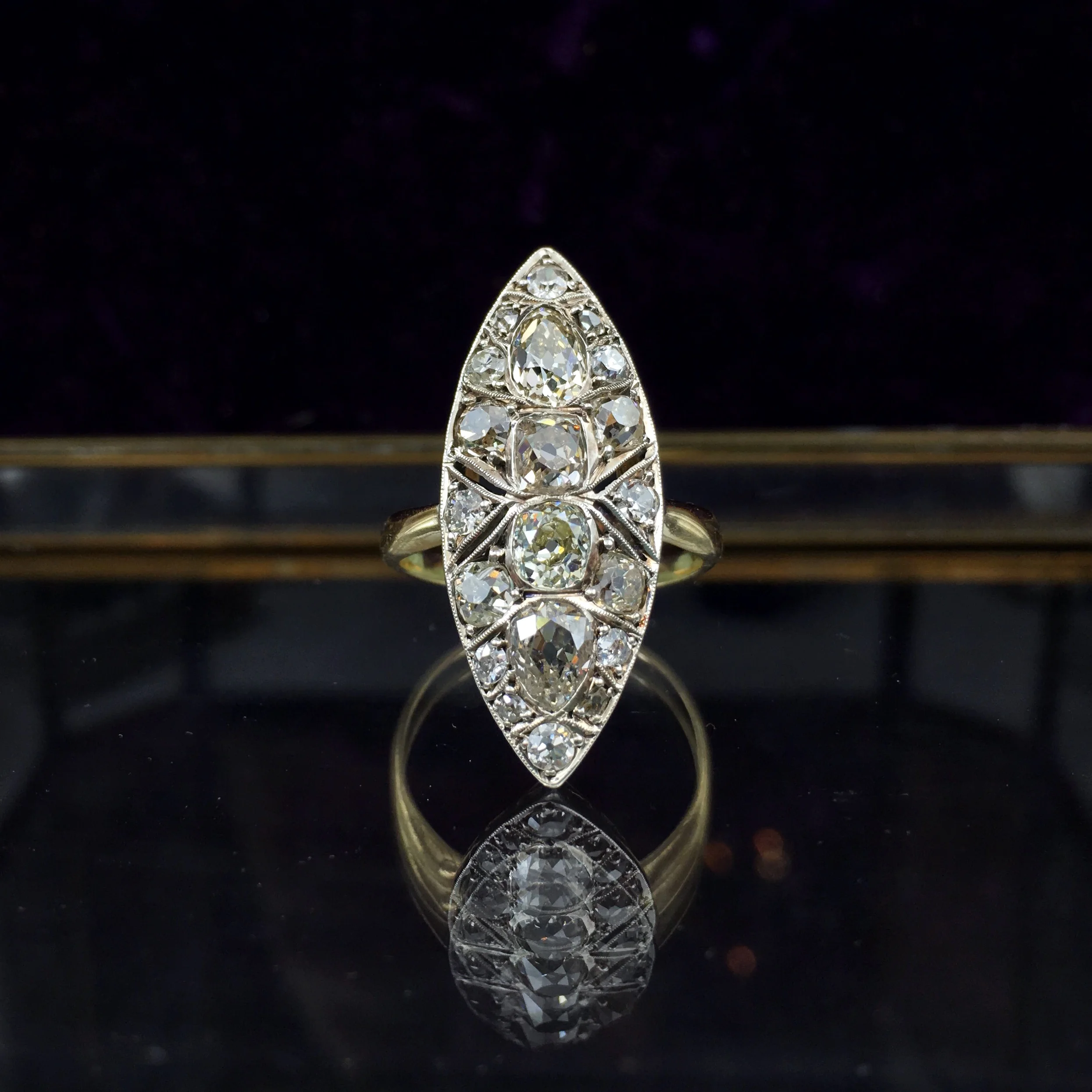 Old mine cut diamond navette ring Reverie estate jewelry NYC