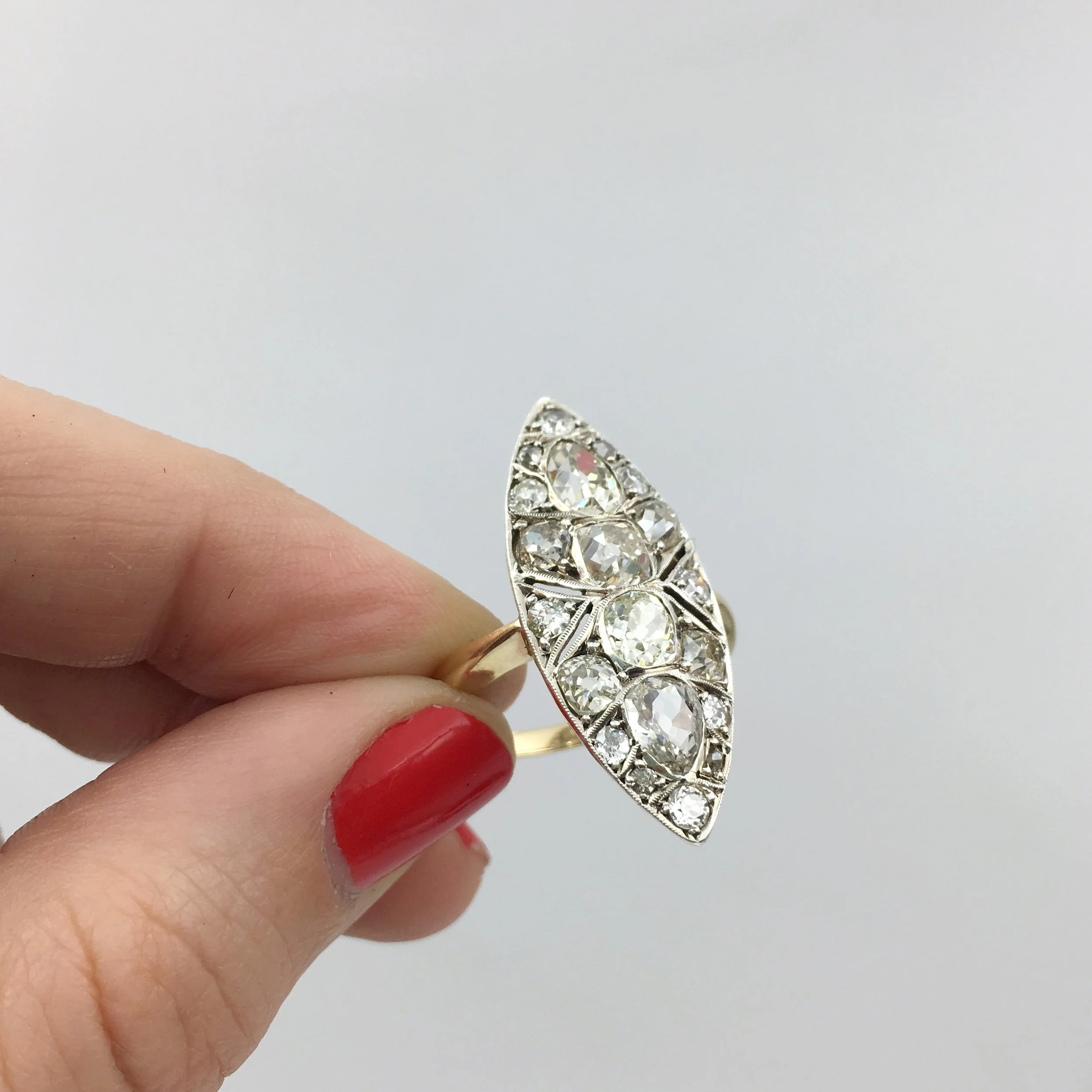 Old mine cut diamond navette ring Reverie estate jewelry NYC