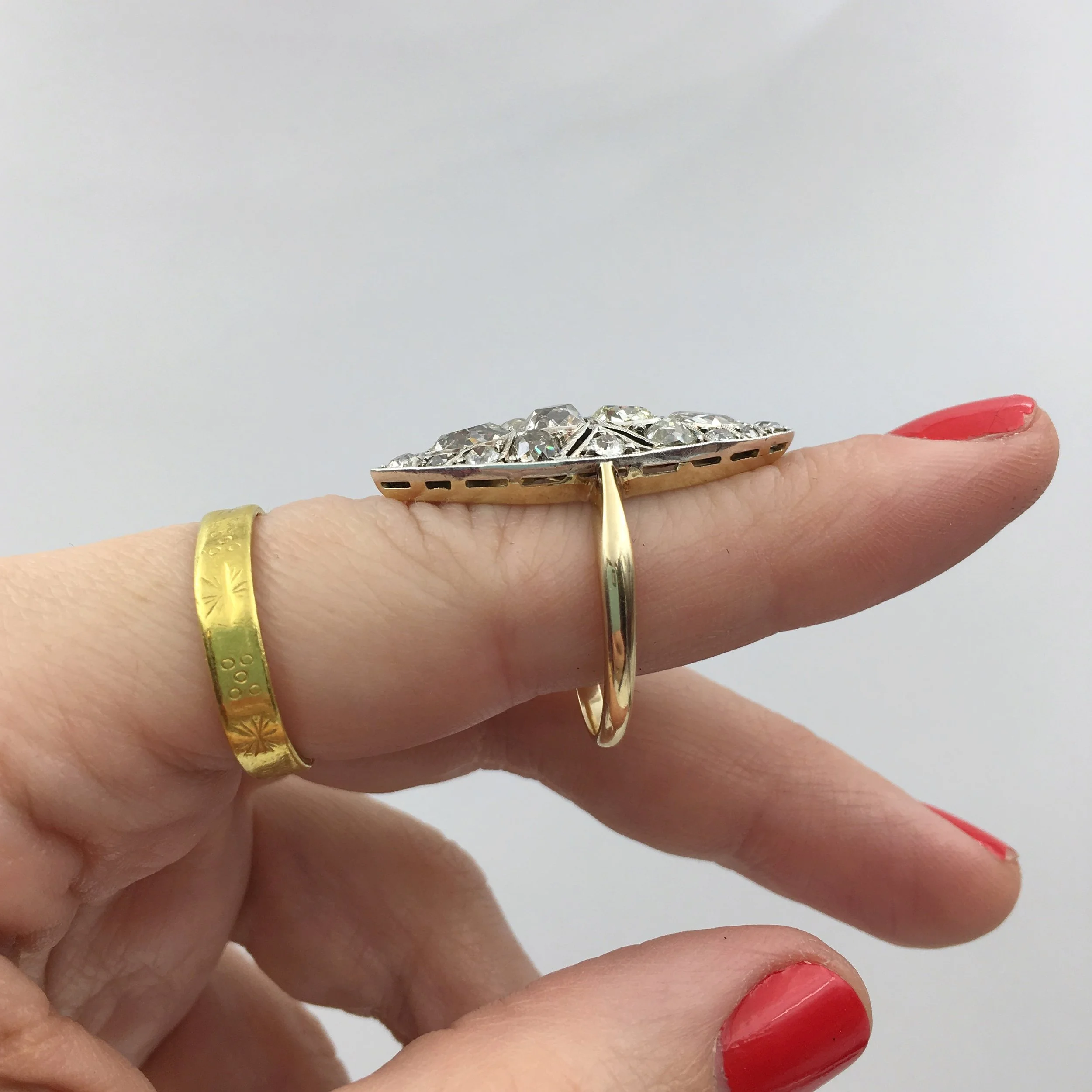 Old mine cut diamond navette ring Reverie estate jewelry NYC