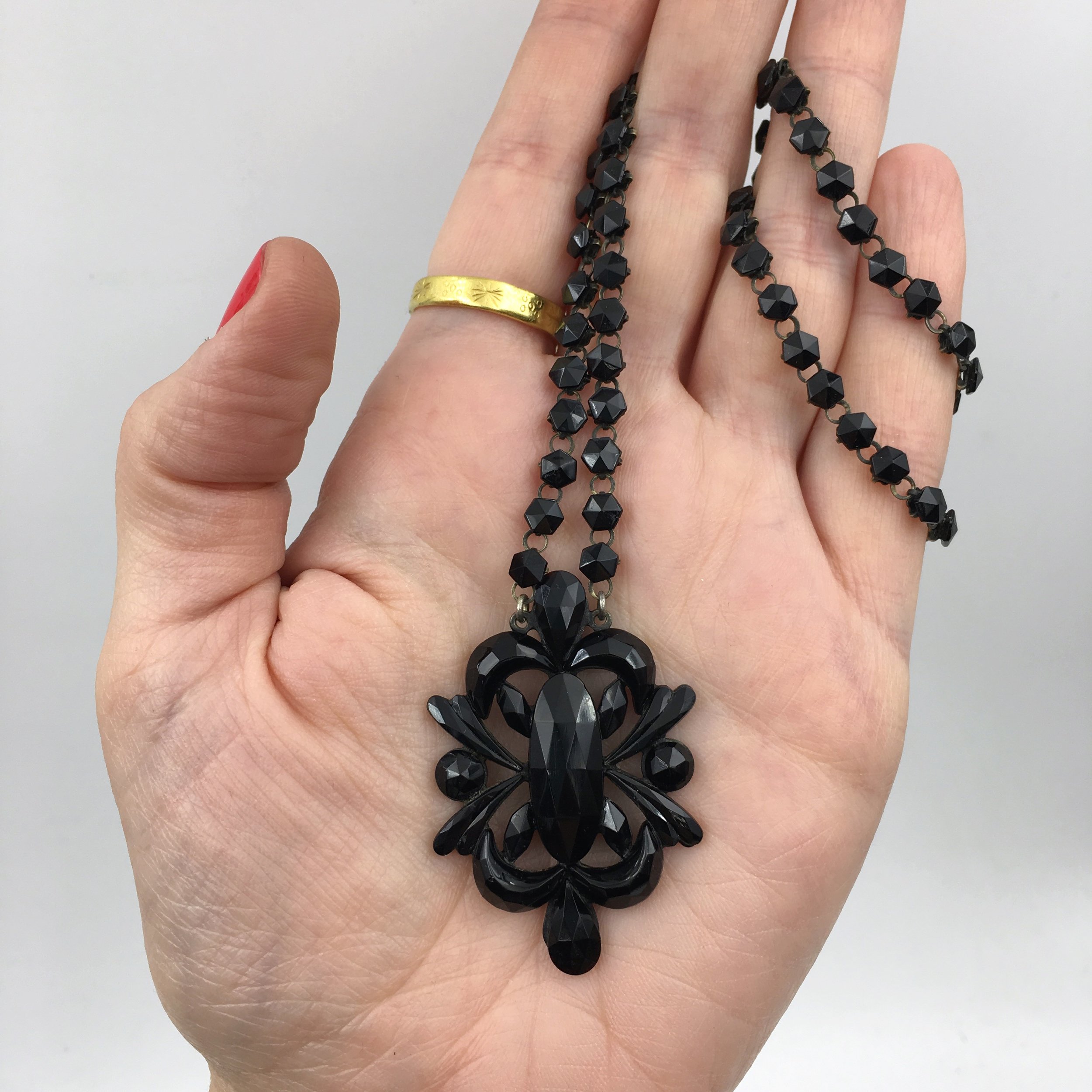 Antique black Vauxhall glass necklace Reverie vintage jewelry NYC