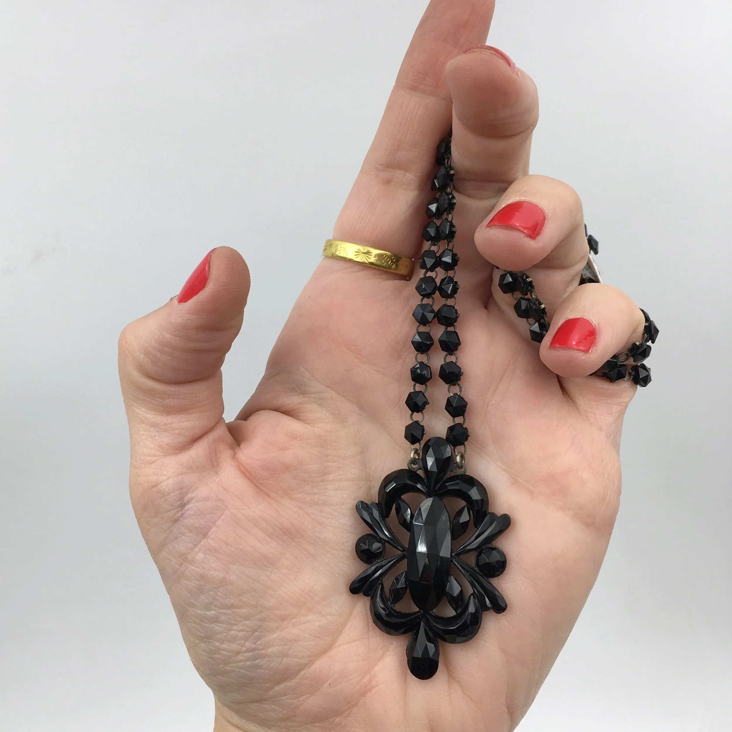 Antique black Vauxhall glass necklace Reverie vintage jewelry NYC