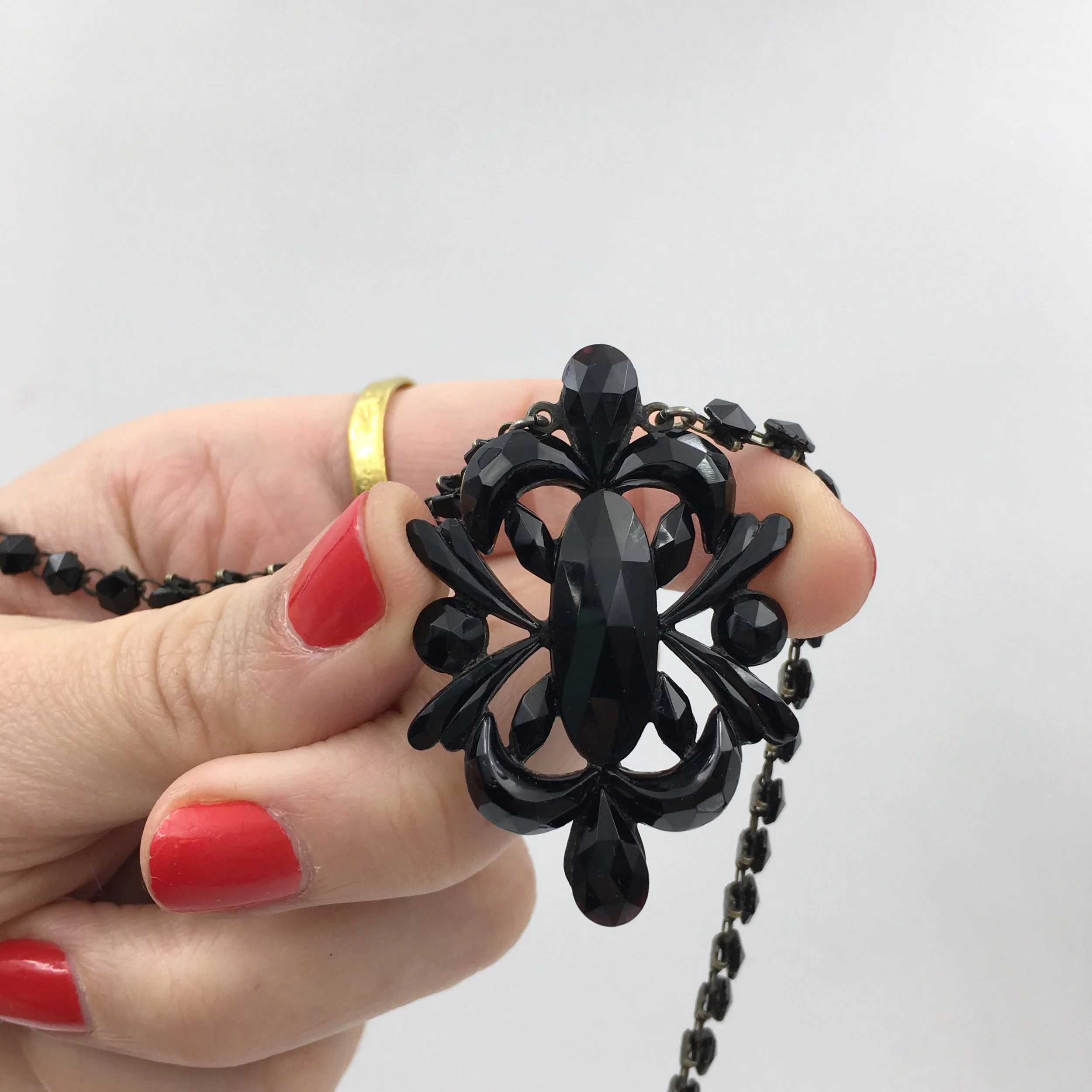 Antique black Vauxhall glass necklace Reverie vintage jewelry NYC
