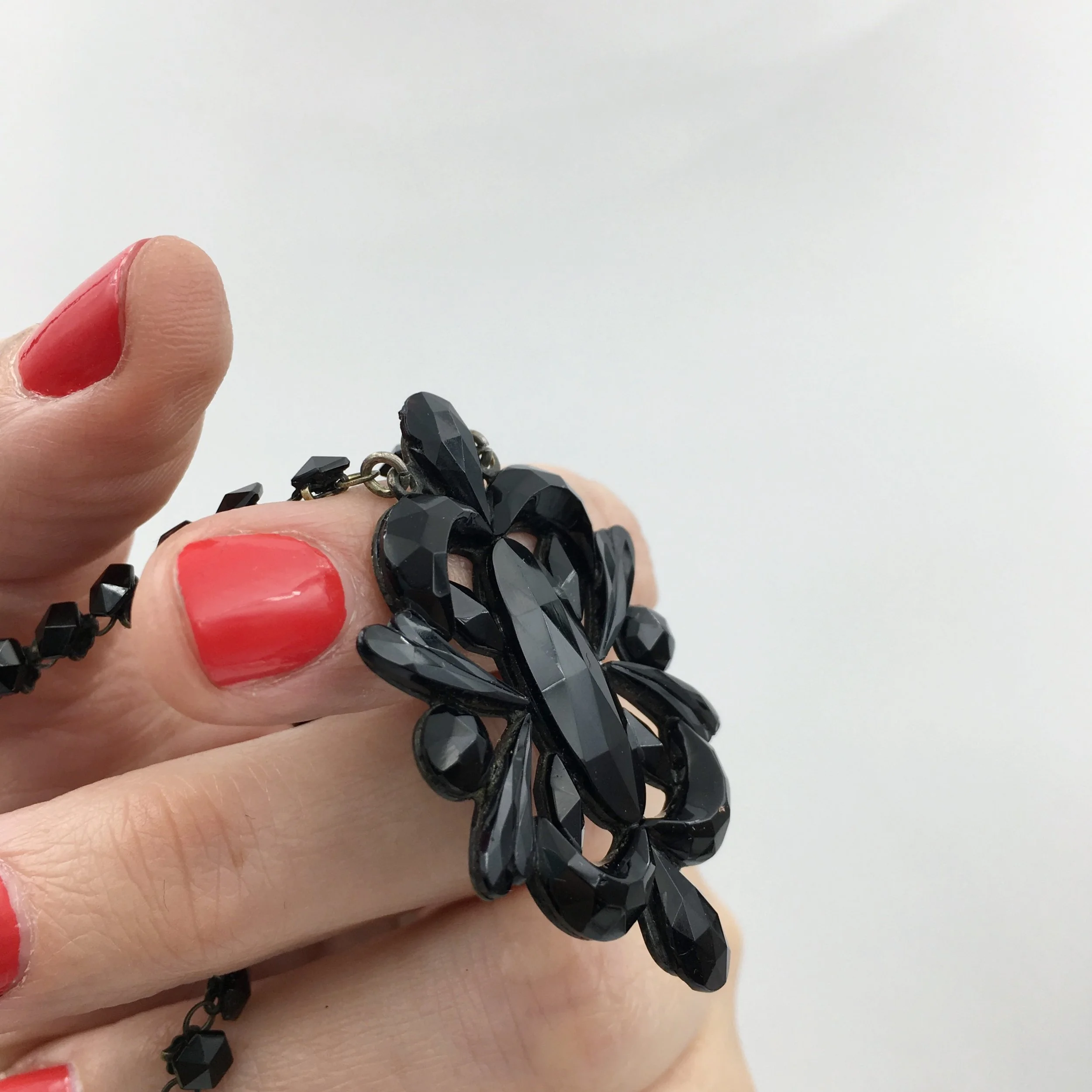 Antique black Vauxhall glass necklace Reverie vintage jewelry NYC