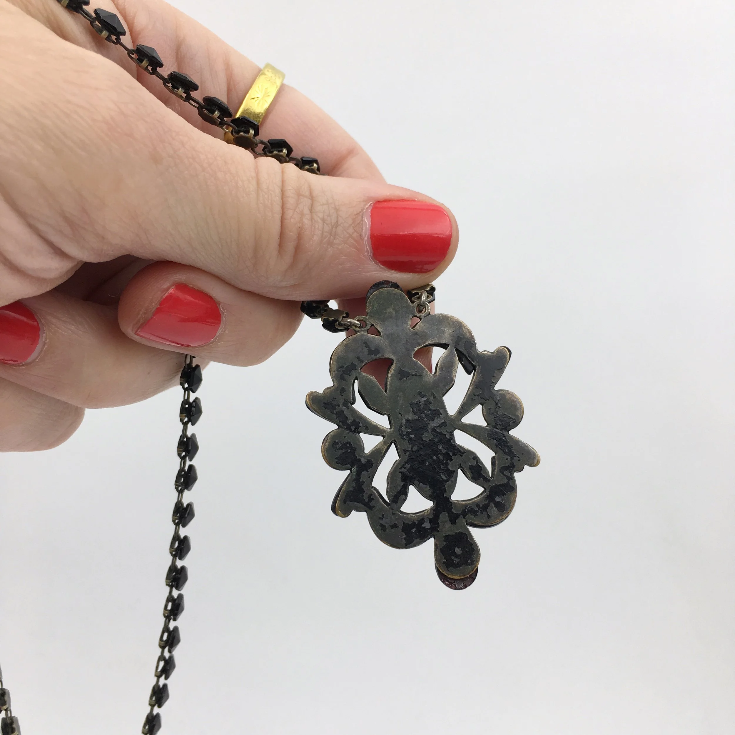 Antique black Vauxhall glass necklace Reverie vintage jewelry NYC