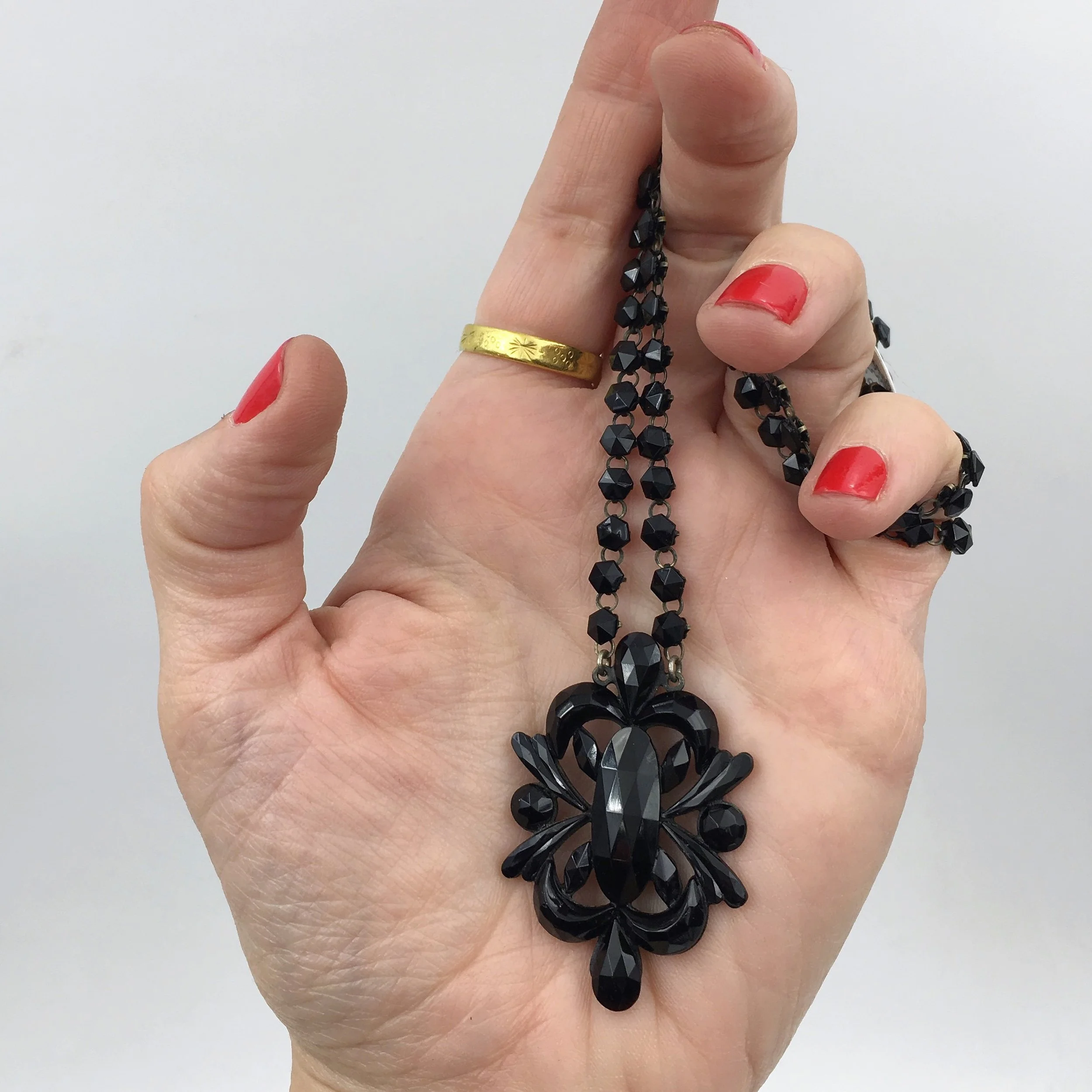 Antique black Vauxhall glass necklace Reverie vintage jewelry NYC